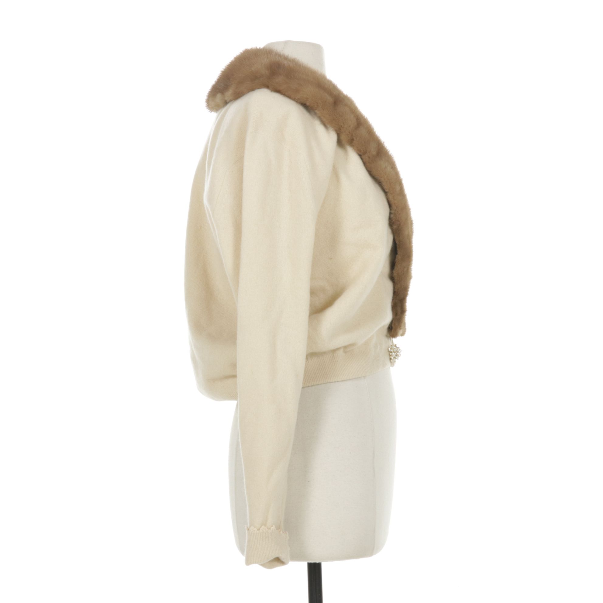 Mink Fur Collar on Ivory Cashmere Cardigan with Extra Mink Fur Collar