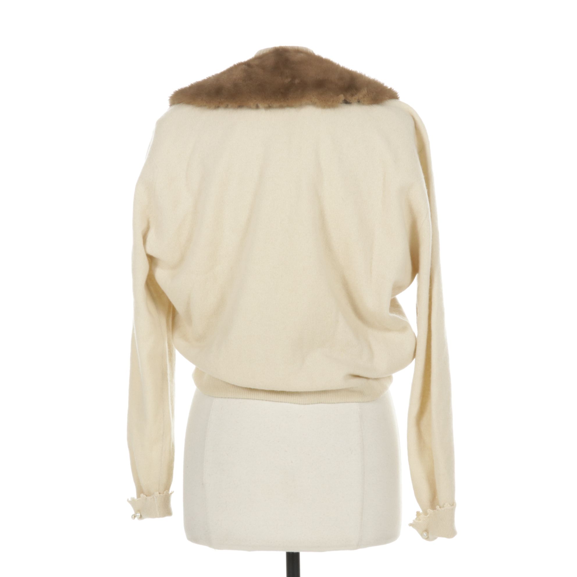 Mink Fur Collar on Ivory Cashmere Cardigan with Extra Mink Fur Collar