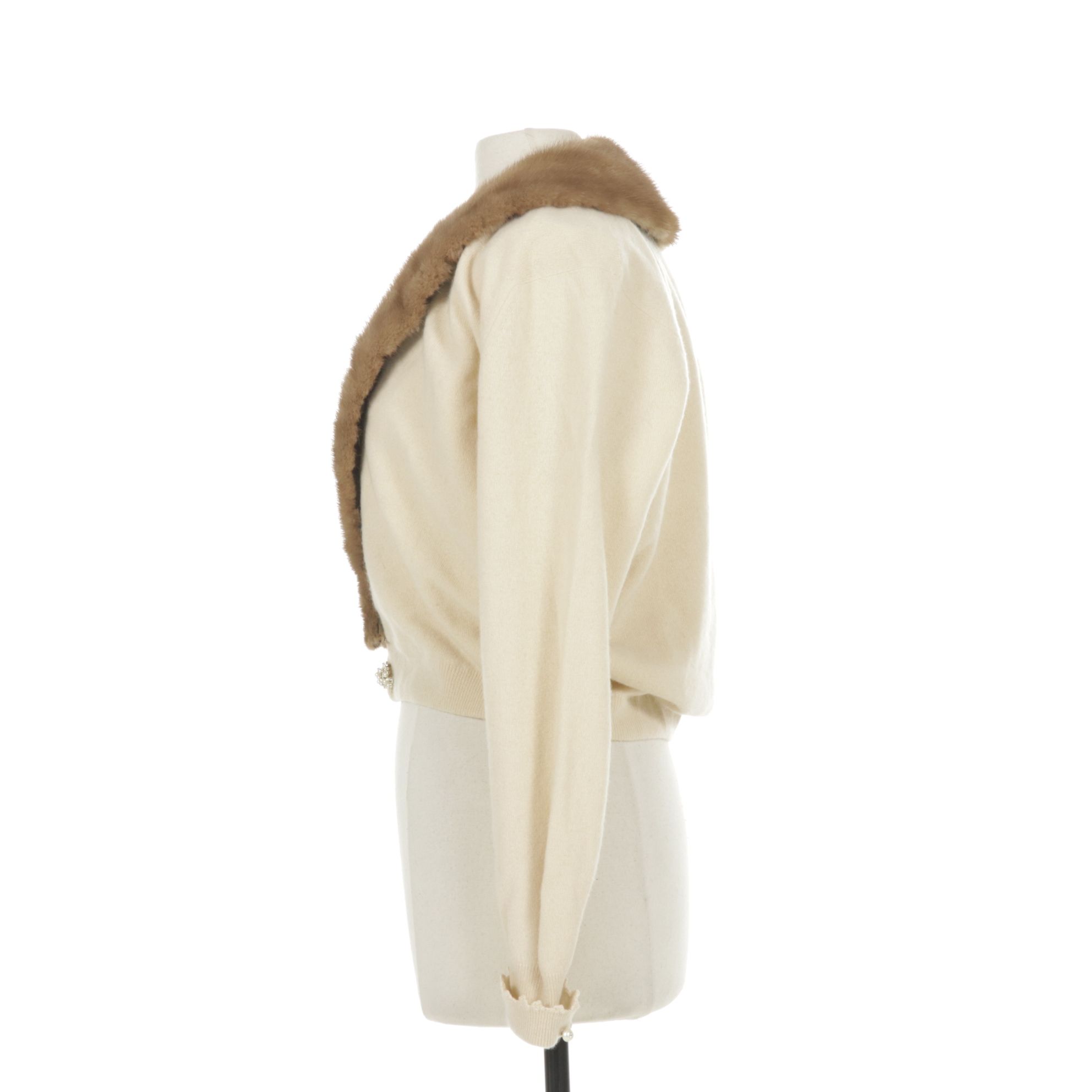 Mink Fur Collar on Ivory Cashmere Cardigan with Extra Mink Fur Collar