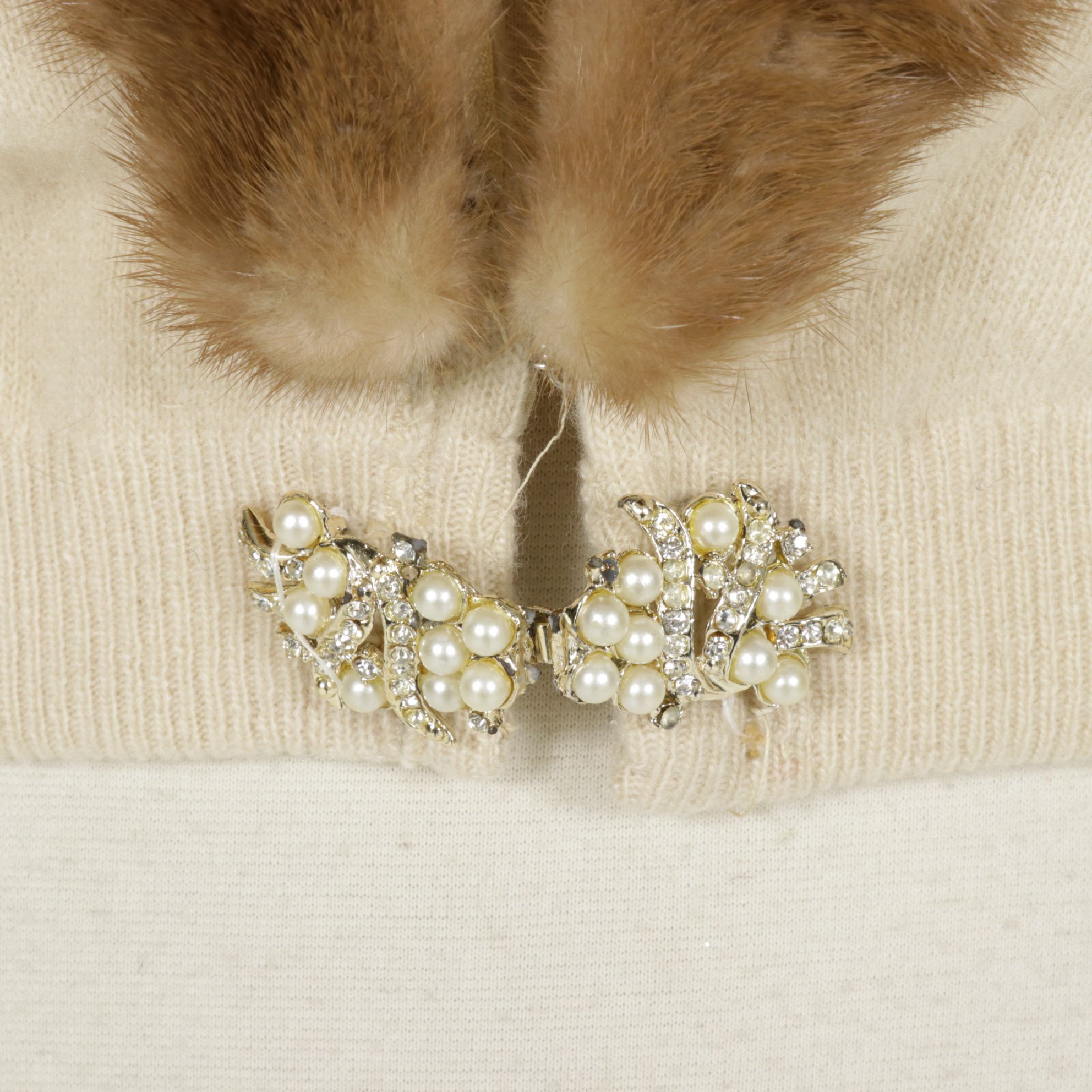 Mink Fur Collar on Ivory Cashmere Cardigan with Extra Mink Fur Collar
