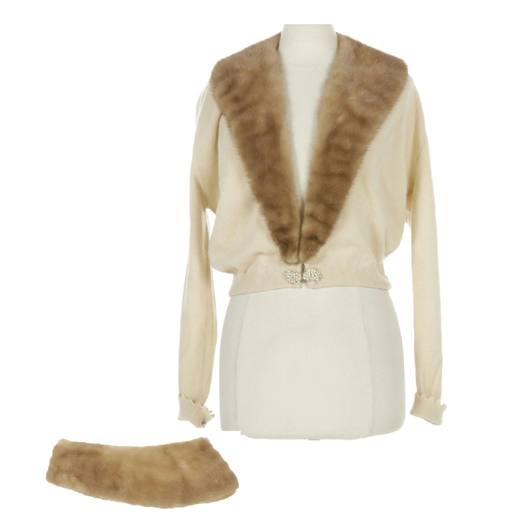 Mink Fur Collar on Ivory Cashmere Cardigan with Extra Mink Fur Collar