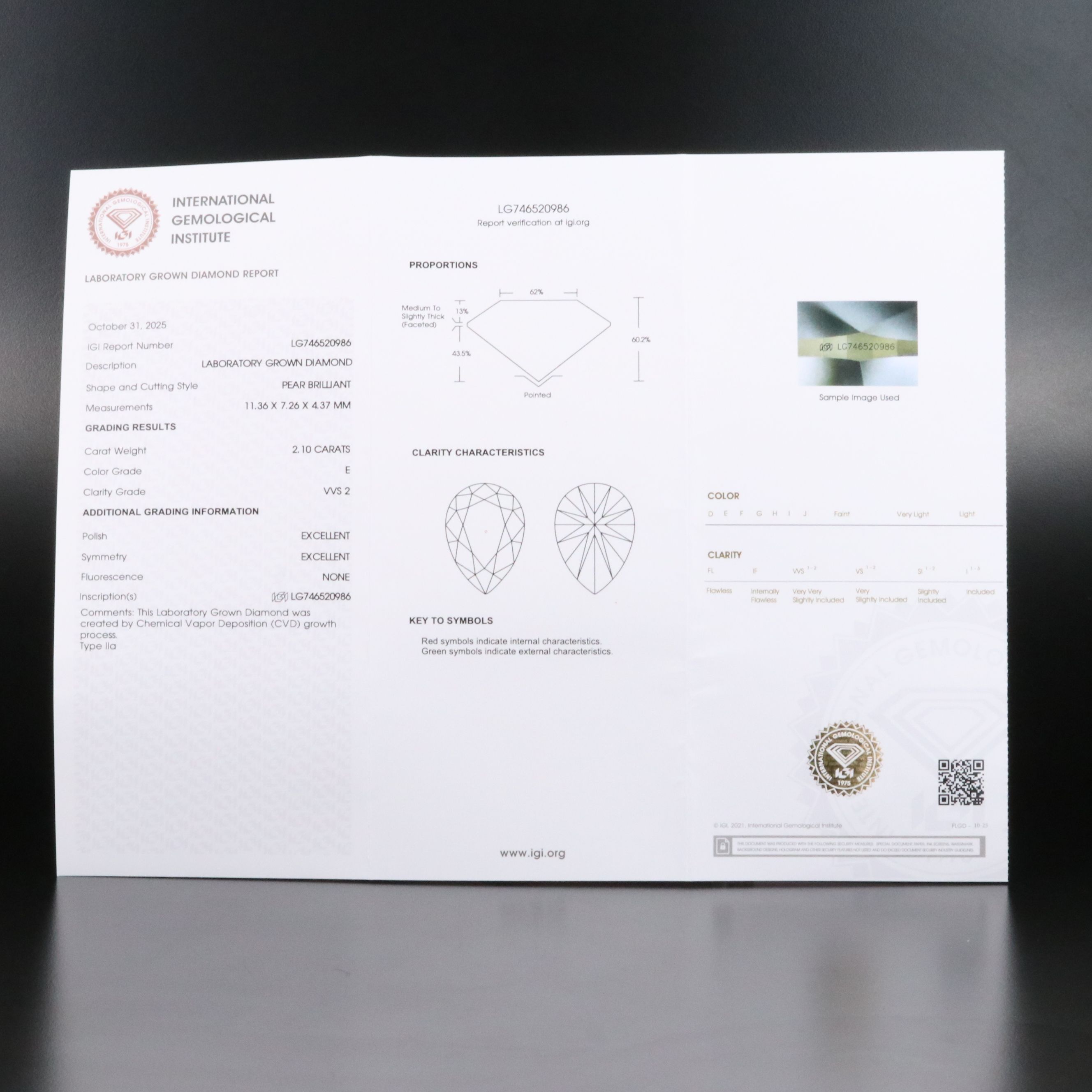 Loose 2.10 CT Lab Grown Diamond with IGI Report