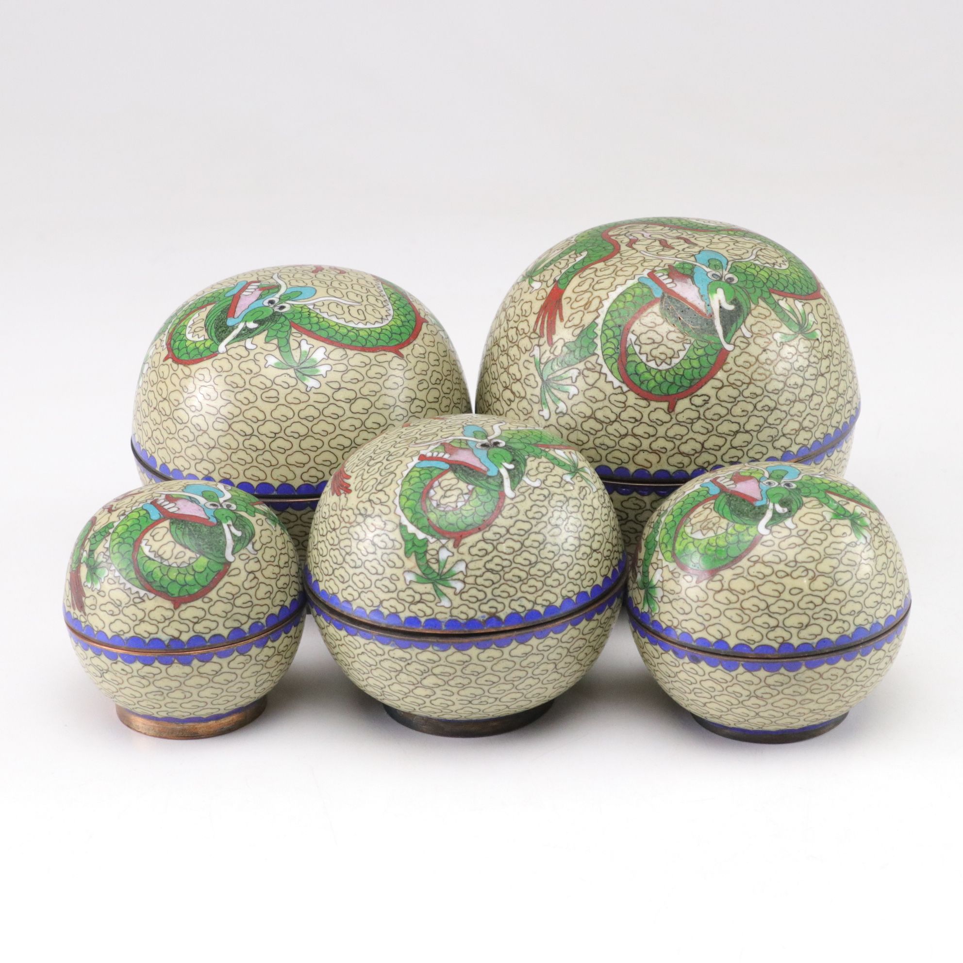 Set of Chinese Cloisonné Dragon "Chasing the Immortality Pearl" Boxes