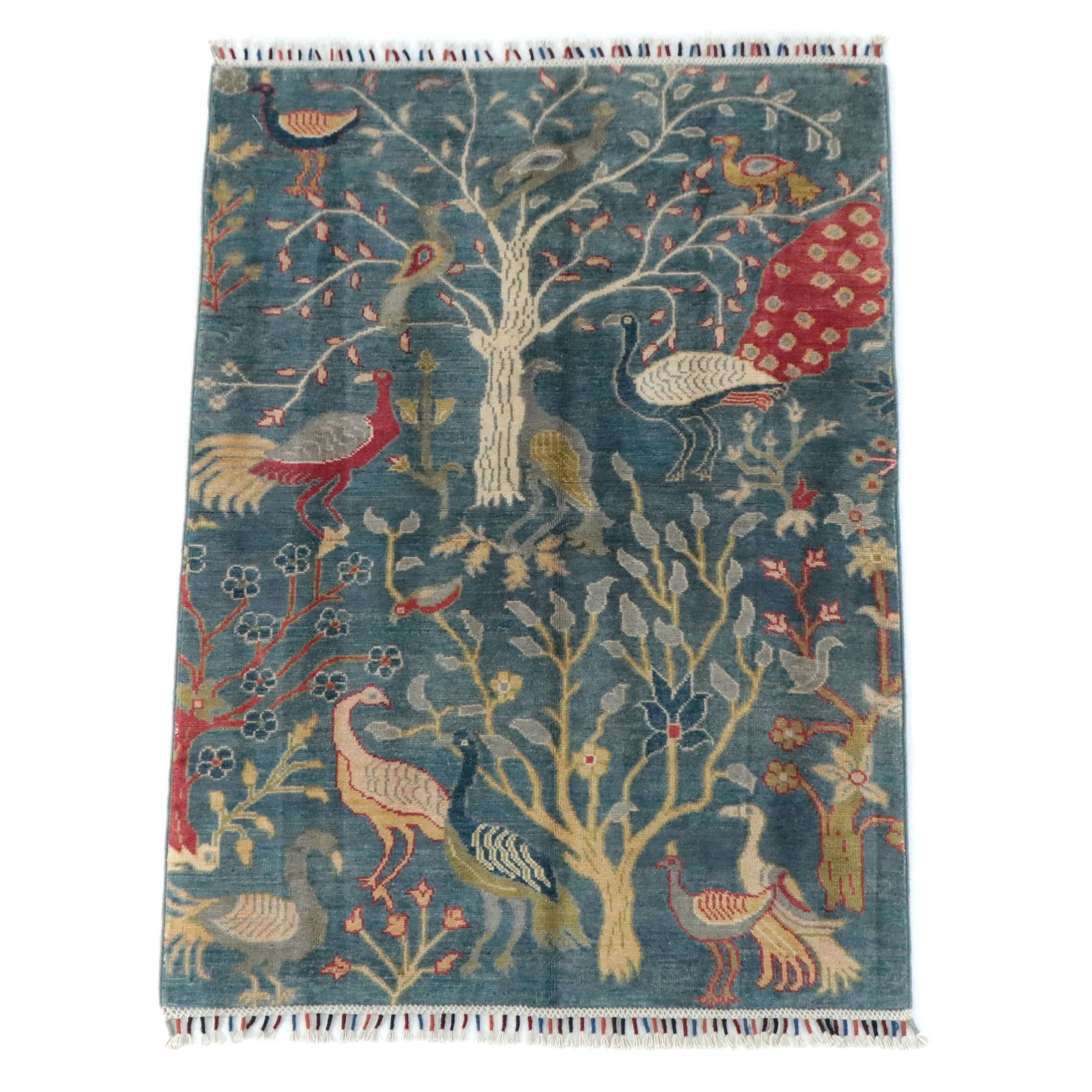 3'4 x 5' Hand-Knotted Indian Pictorial Tree of Life with Birds Area Rug
