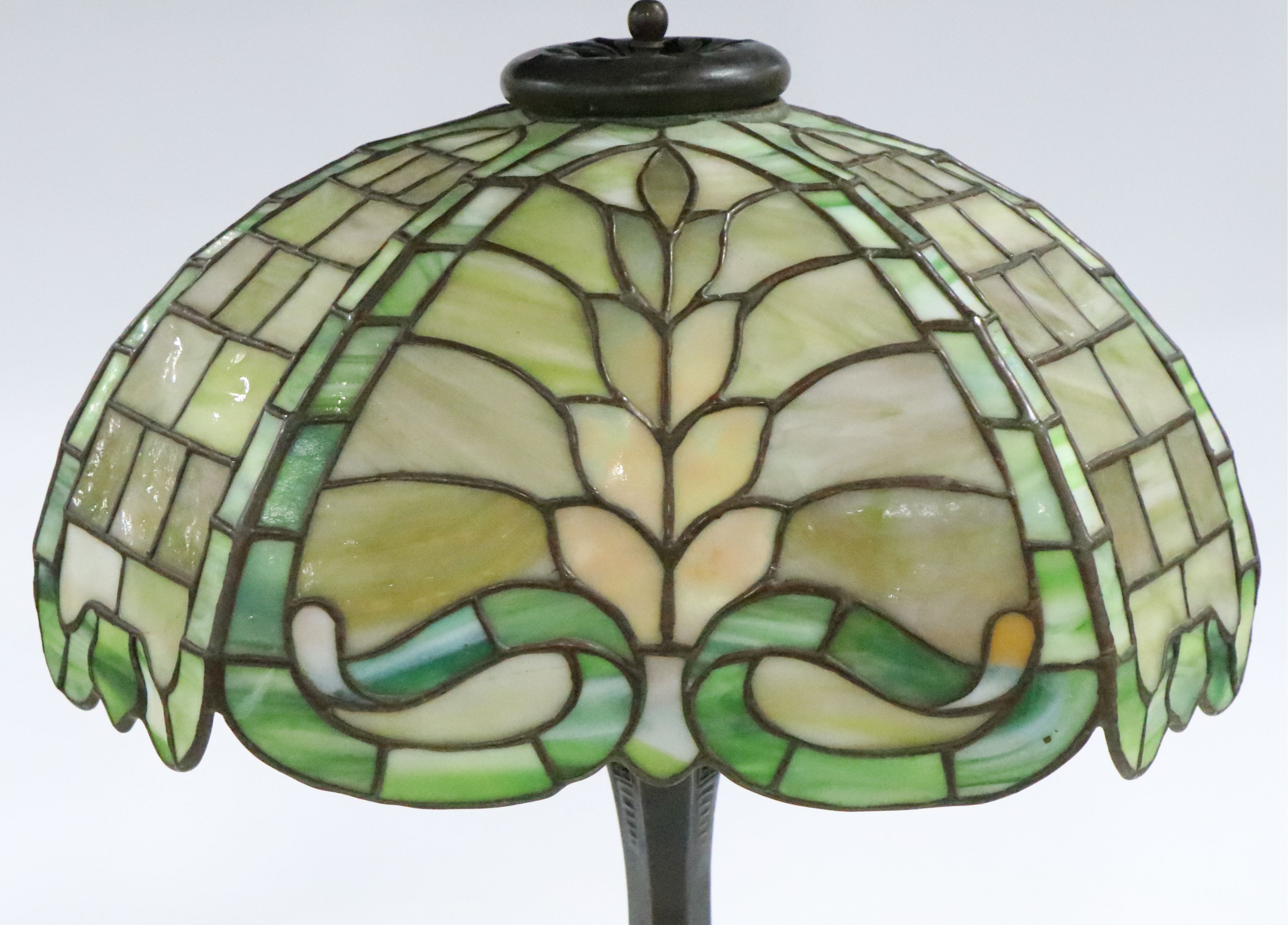 Art Nouveau Style Patinated Metal Base with Green Slag Glass Shade