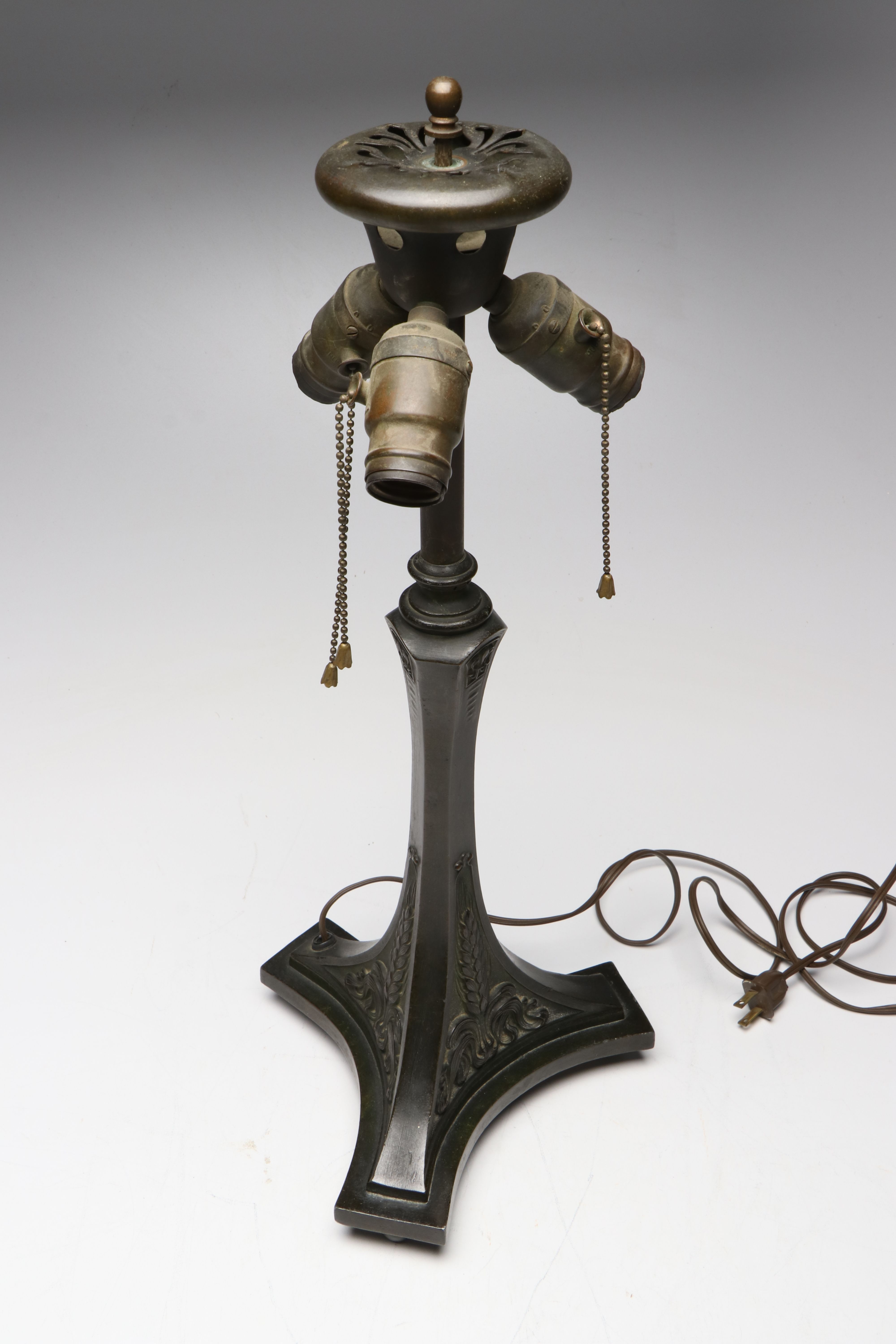 Art Nouveau Style Patinated Metal Base with Green Slag Glass Shade
