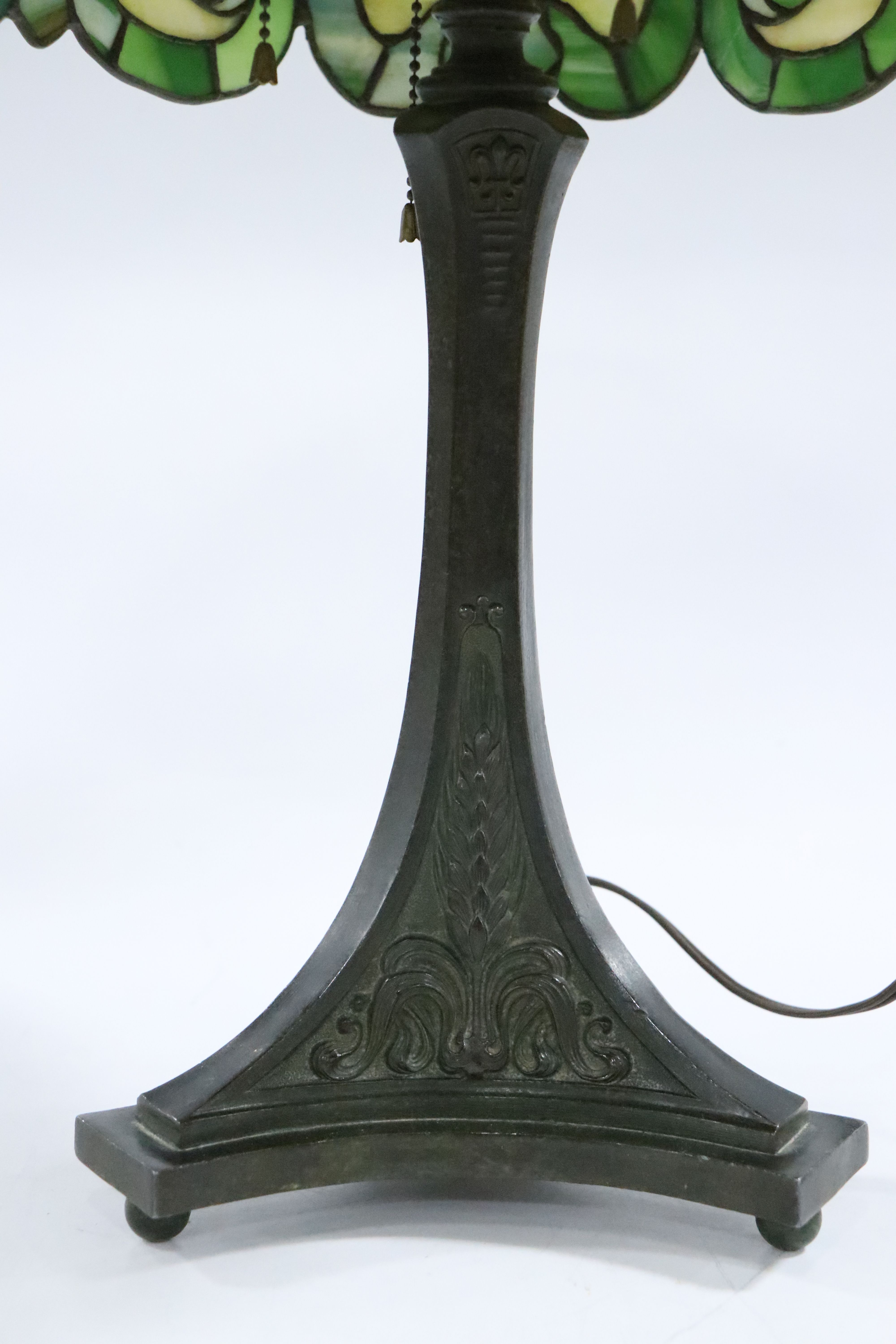 Art Nouveau Style Patinated Metal Base with Green Slag Glass Shade