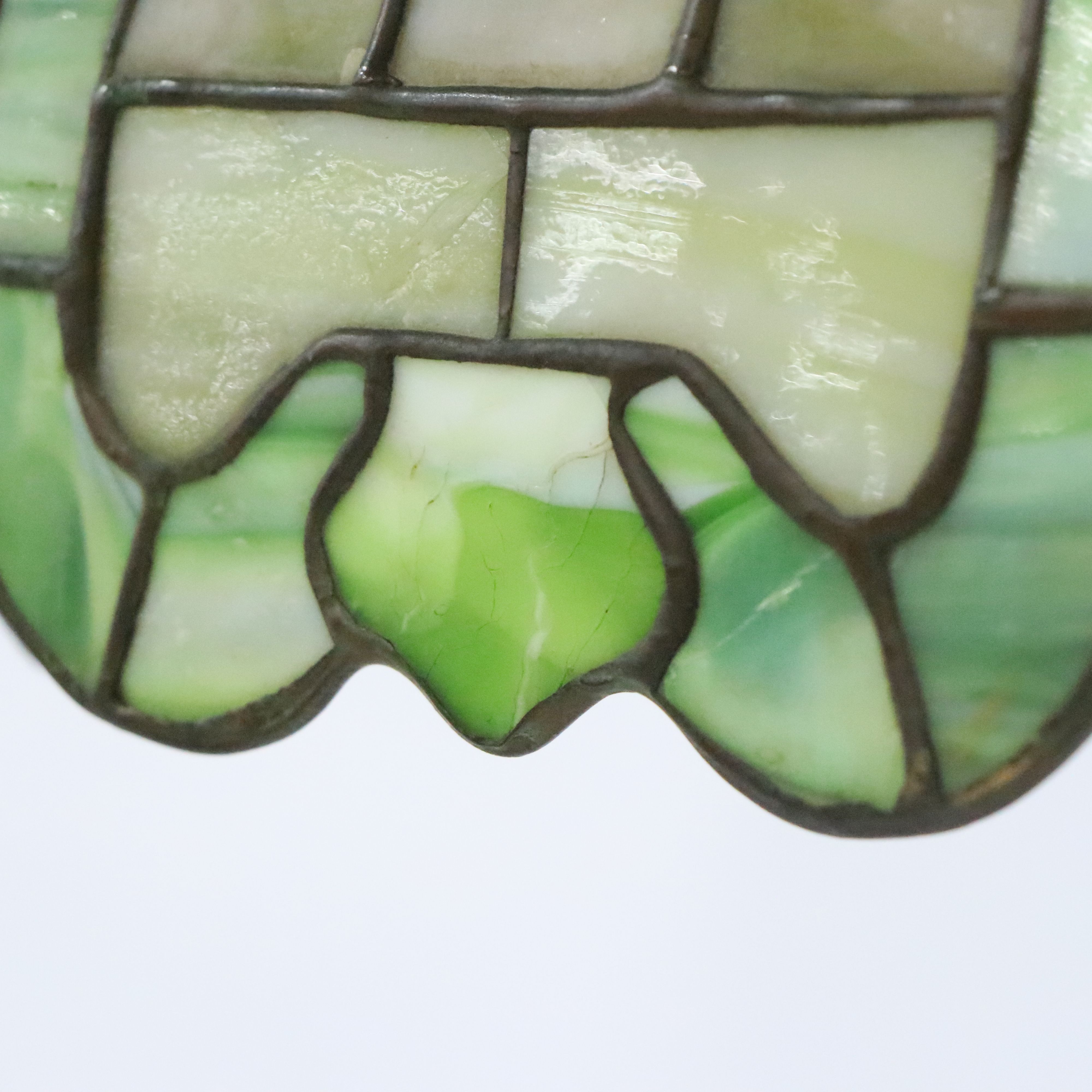 Art Nouveau Style Patinated Metal Base with Green Slag Glass Shade