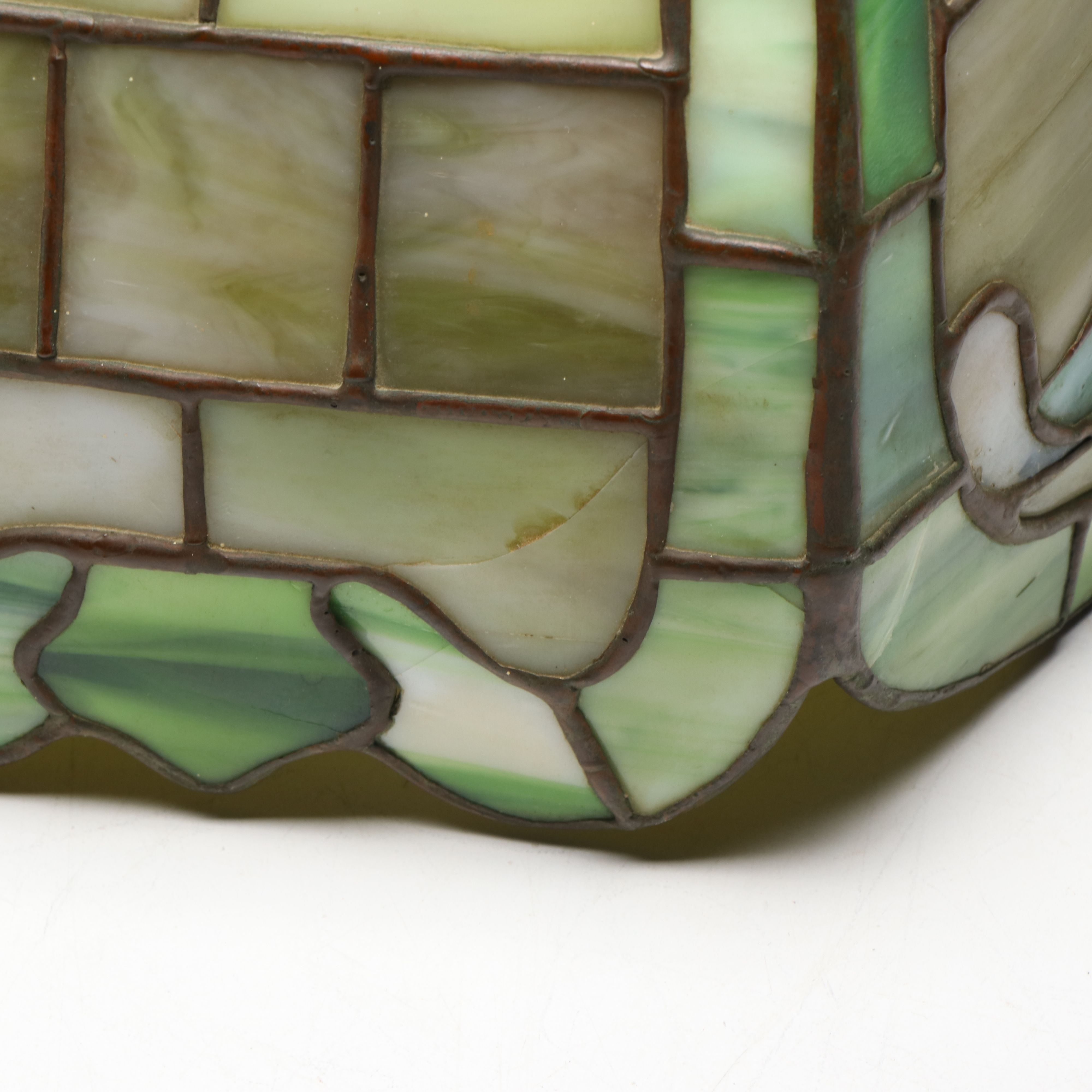 Art Nouveau Style Patinated Metal Base with Green Slag Glass Shade