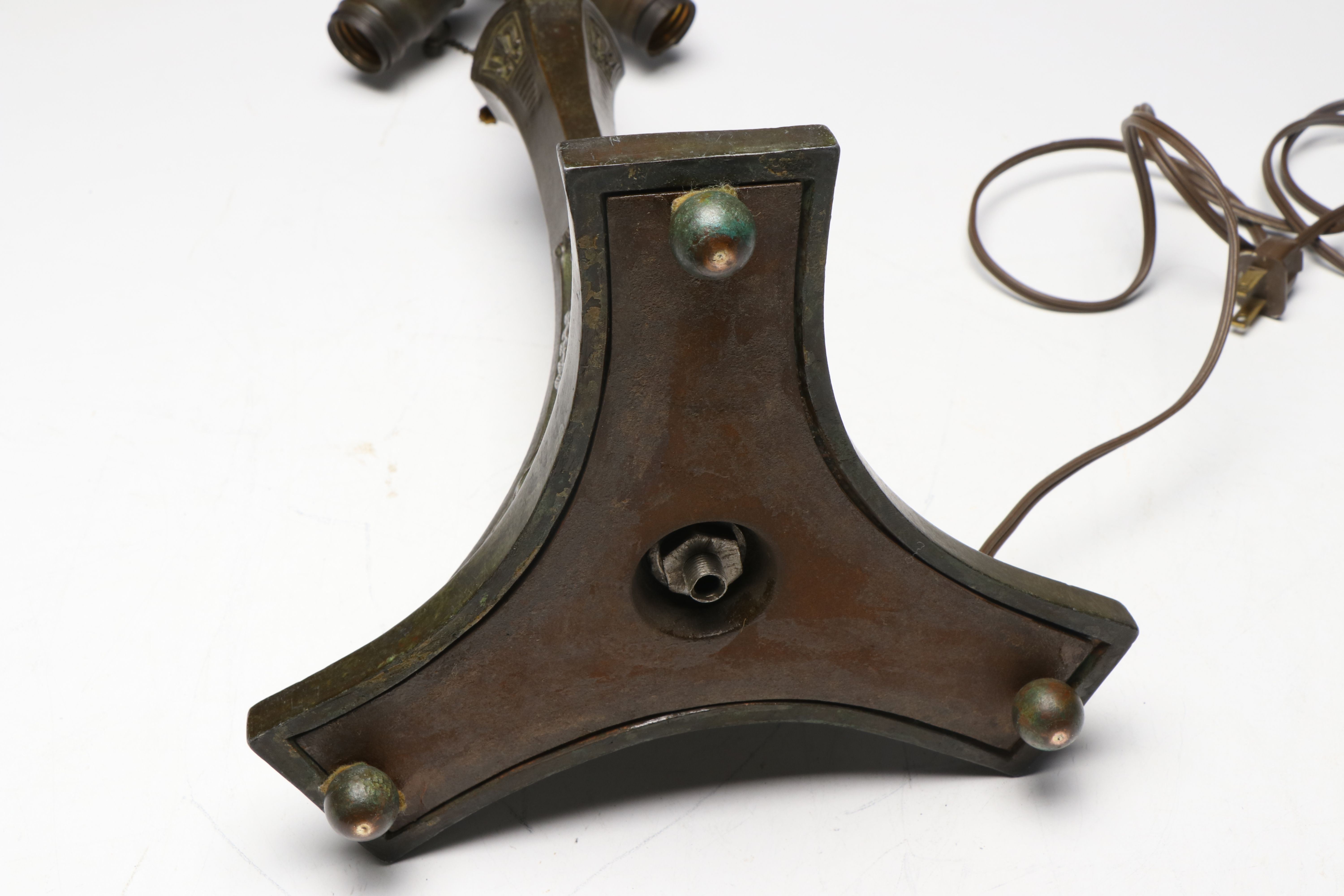 Art Nouveau Style Patinated Metal Base with Green Slag Glass Shade