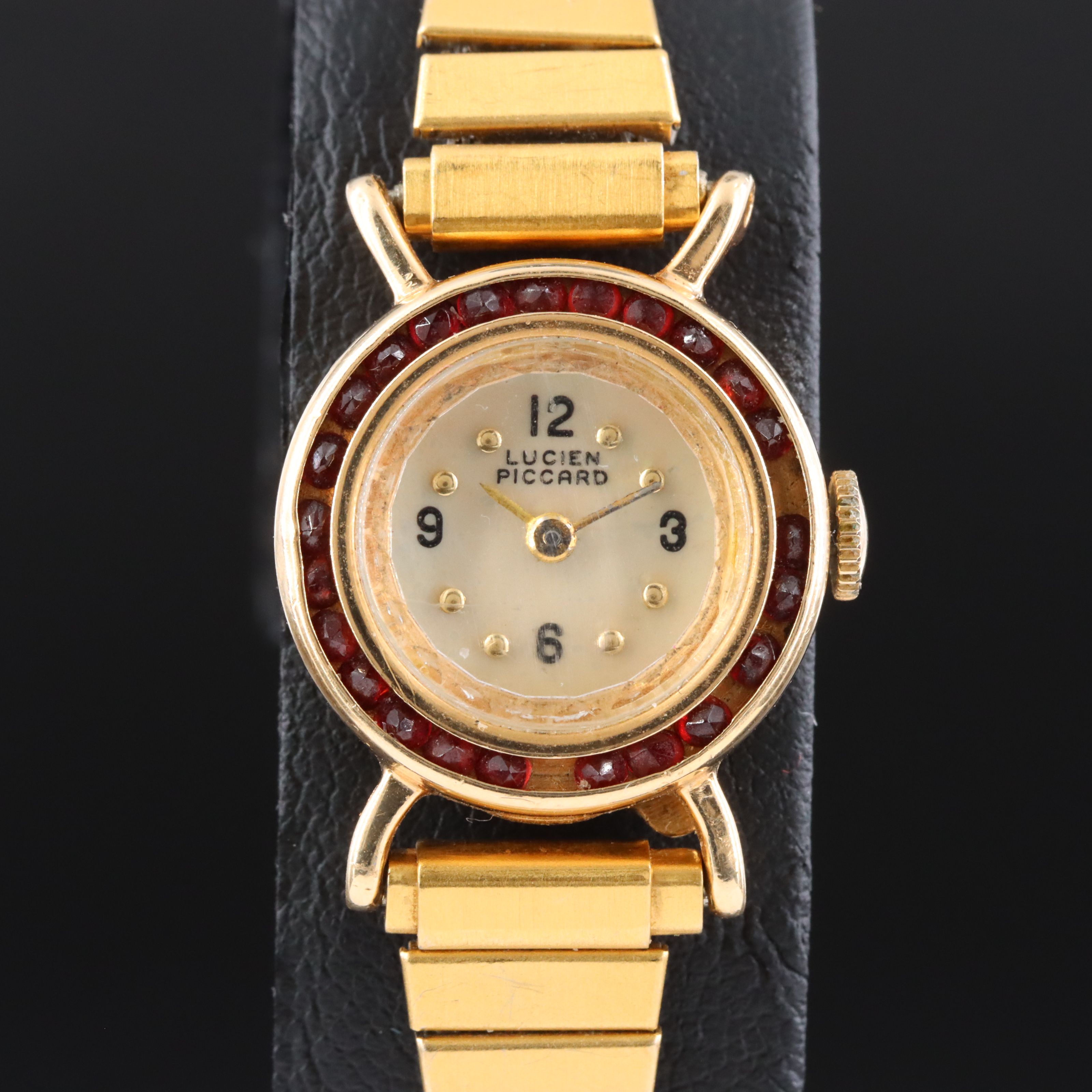 Vintage 14K Lucien Piccard Garnet Bezel Stem Wind Dress Watch