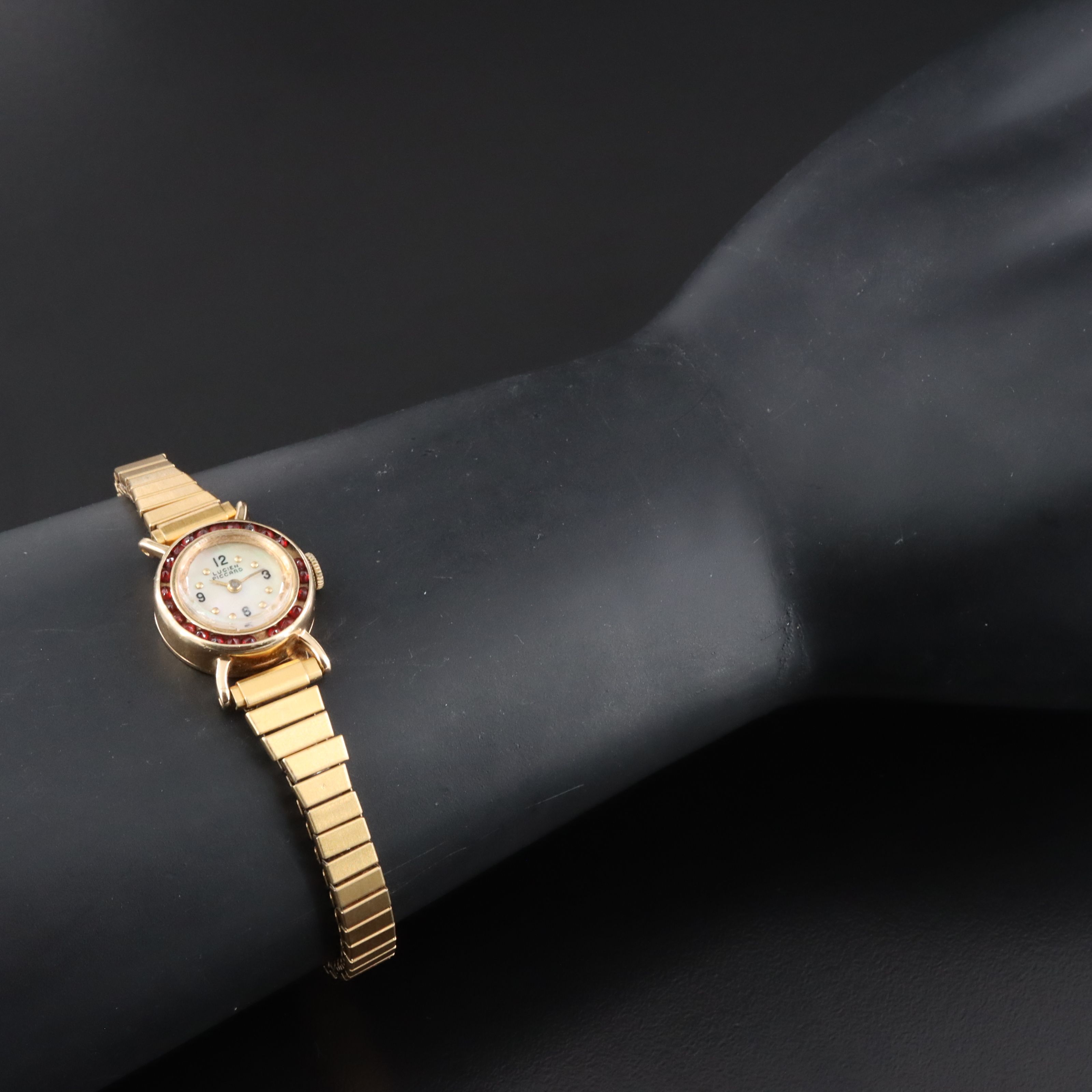 Vintage 14K Lucien Piccard Garnet Bezel Stem Wind Dress Watch