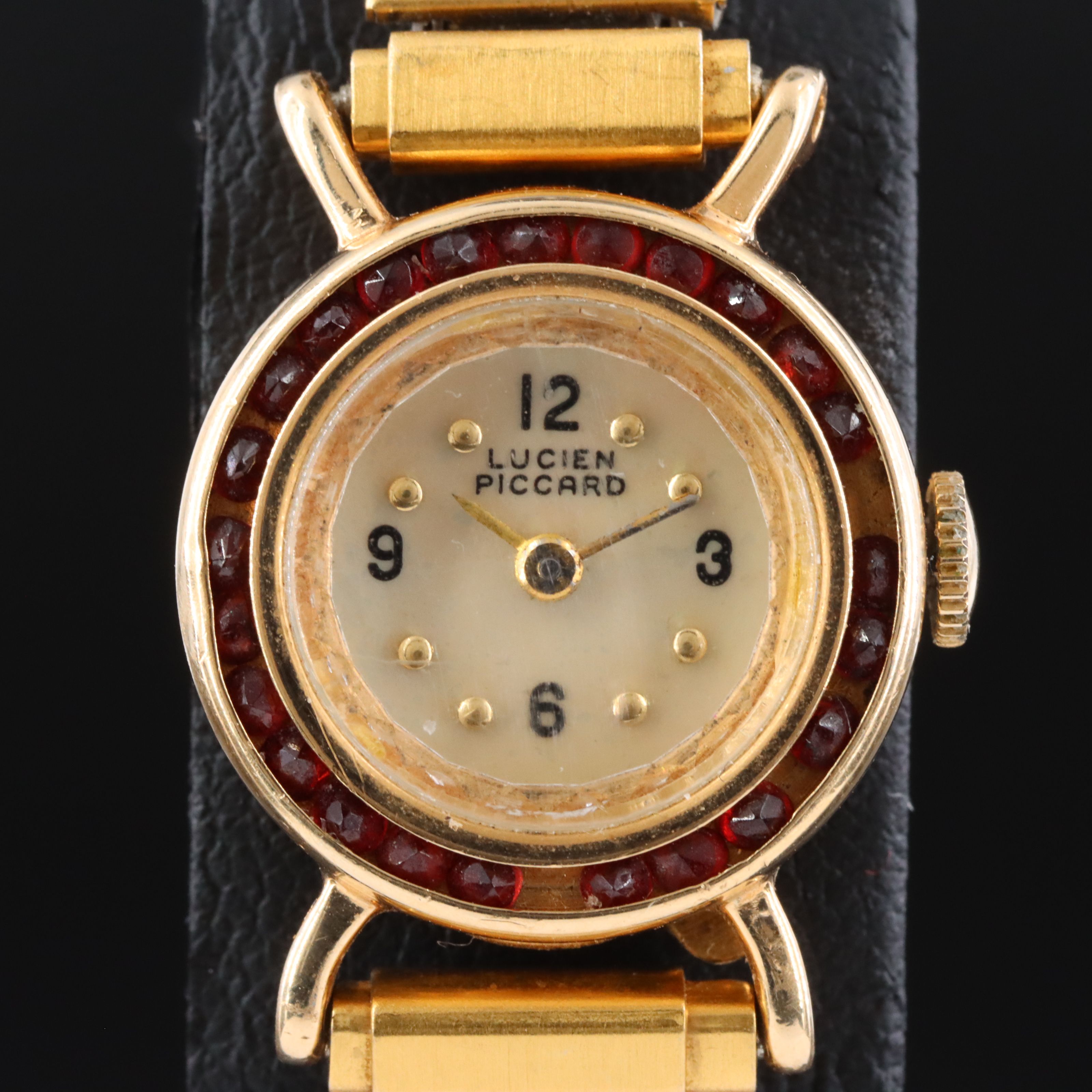 Vintage 14K Lucien Piccard Garnet Bezel Stem Wind Dress Watch