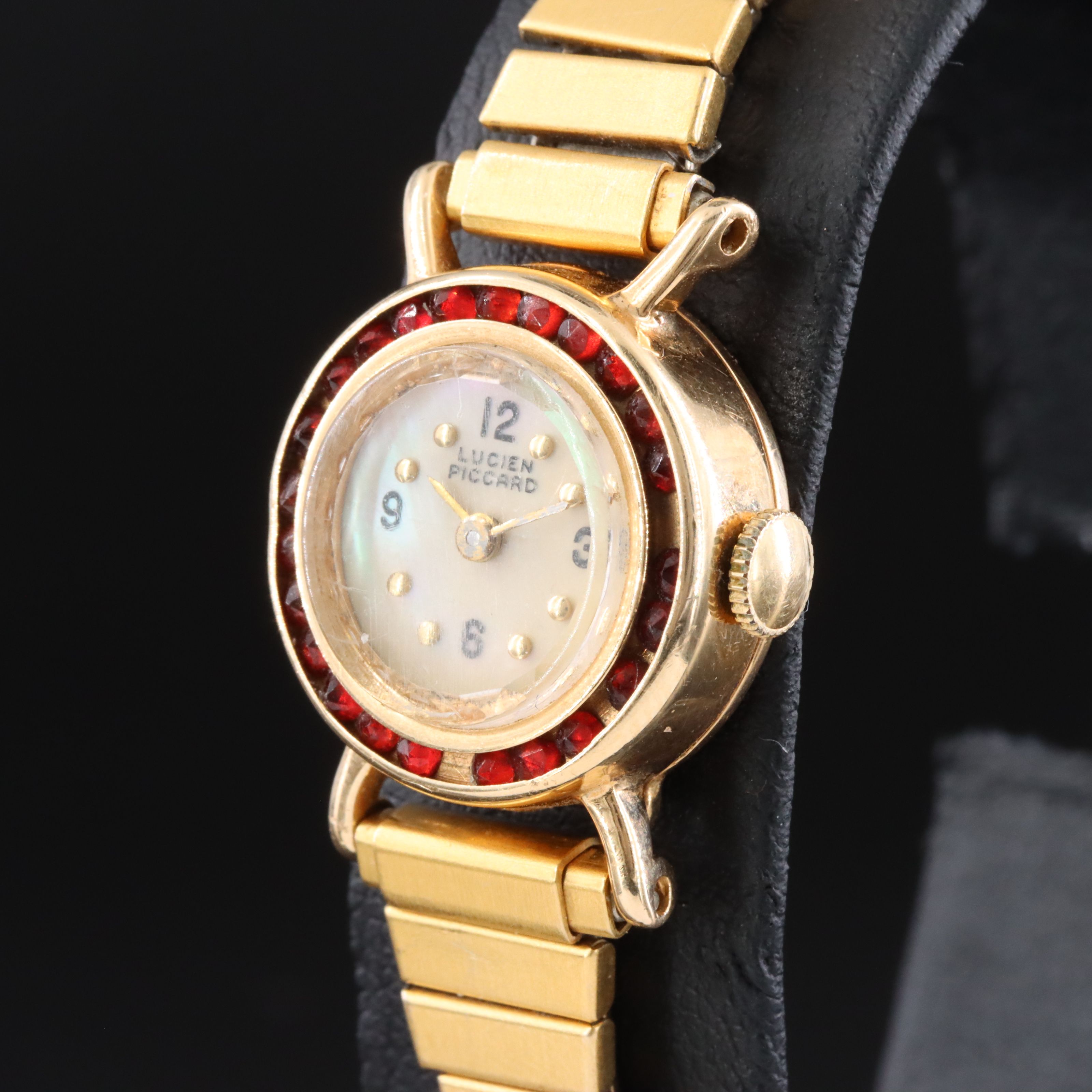Vintage 14K Lucien Piccard Garnet Bezel Stem Wind Dress Watch