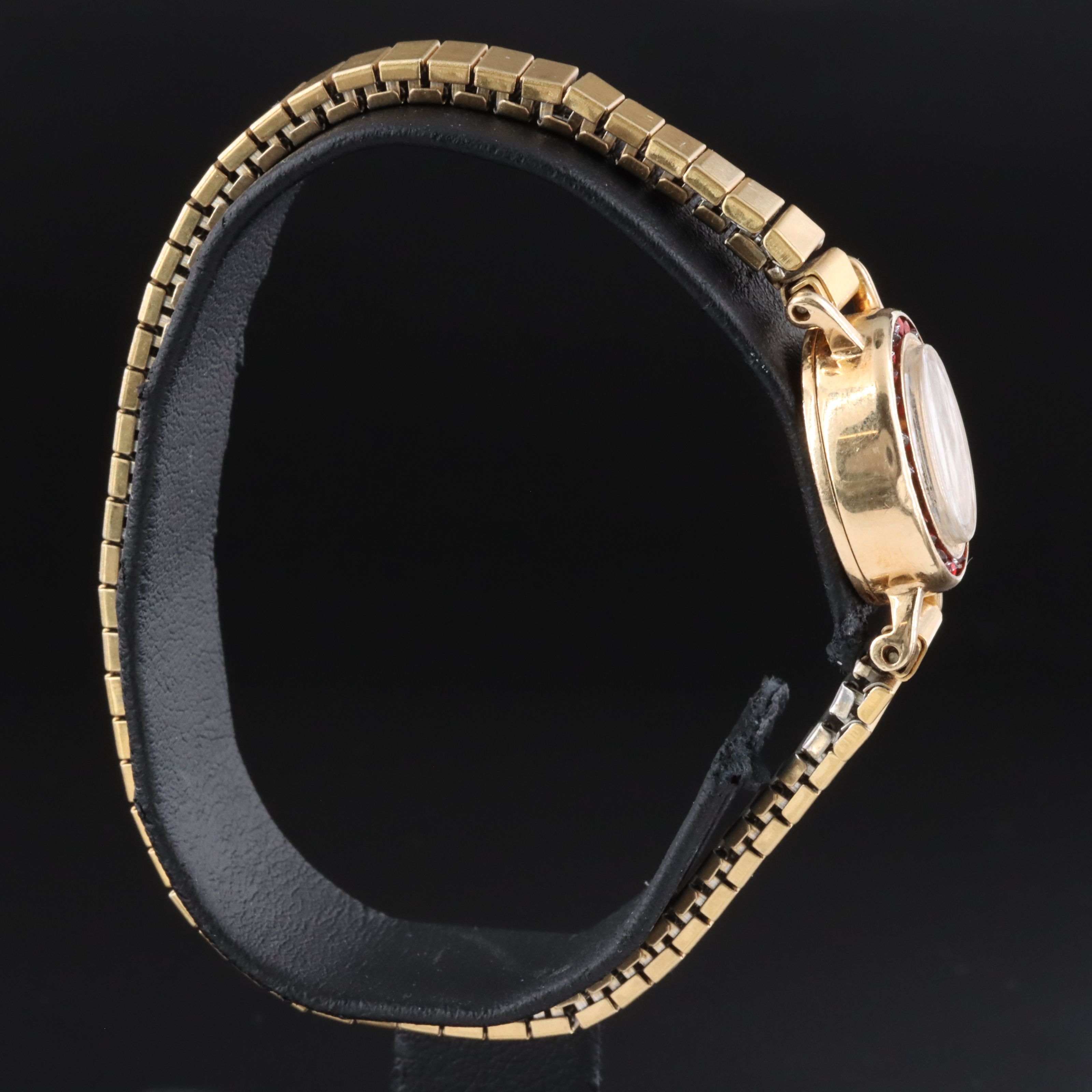 Vintage 14K Lucien Piccard Garnet Bezel Stem Wind Dress Watch