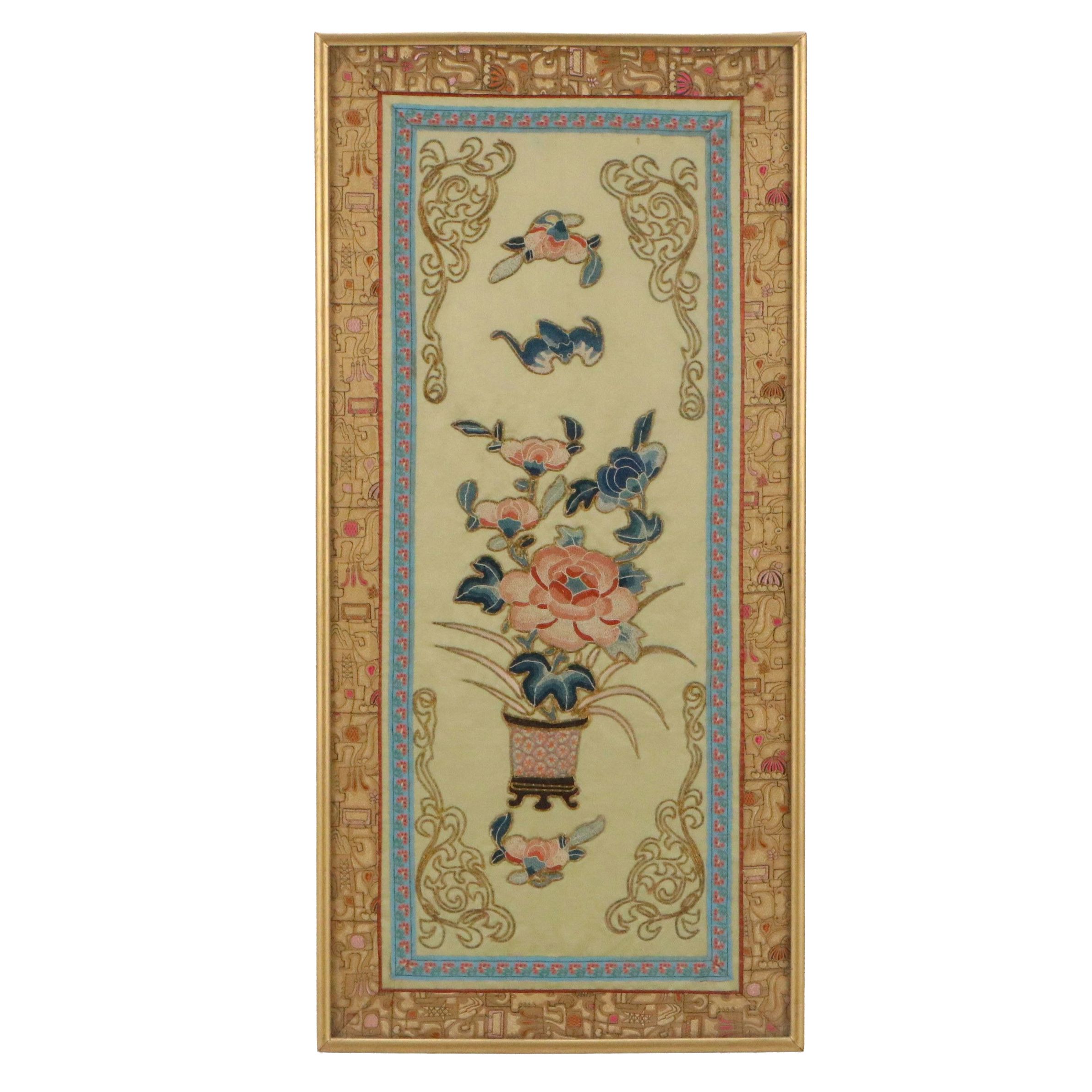 Chinese Floral Embroidery Panel, Mid-20th Century