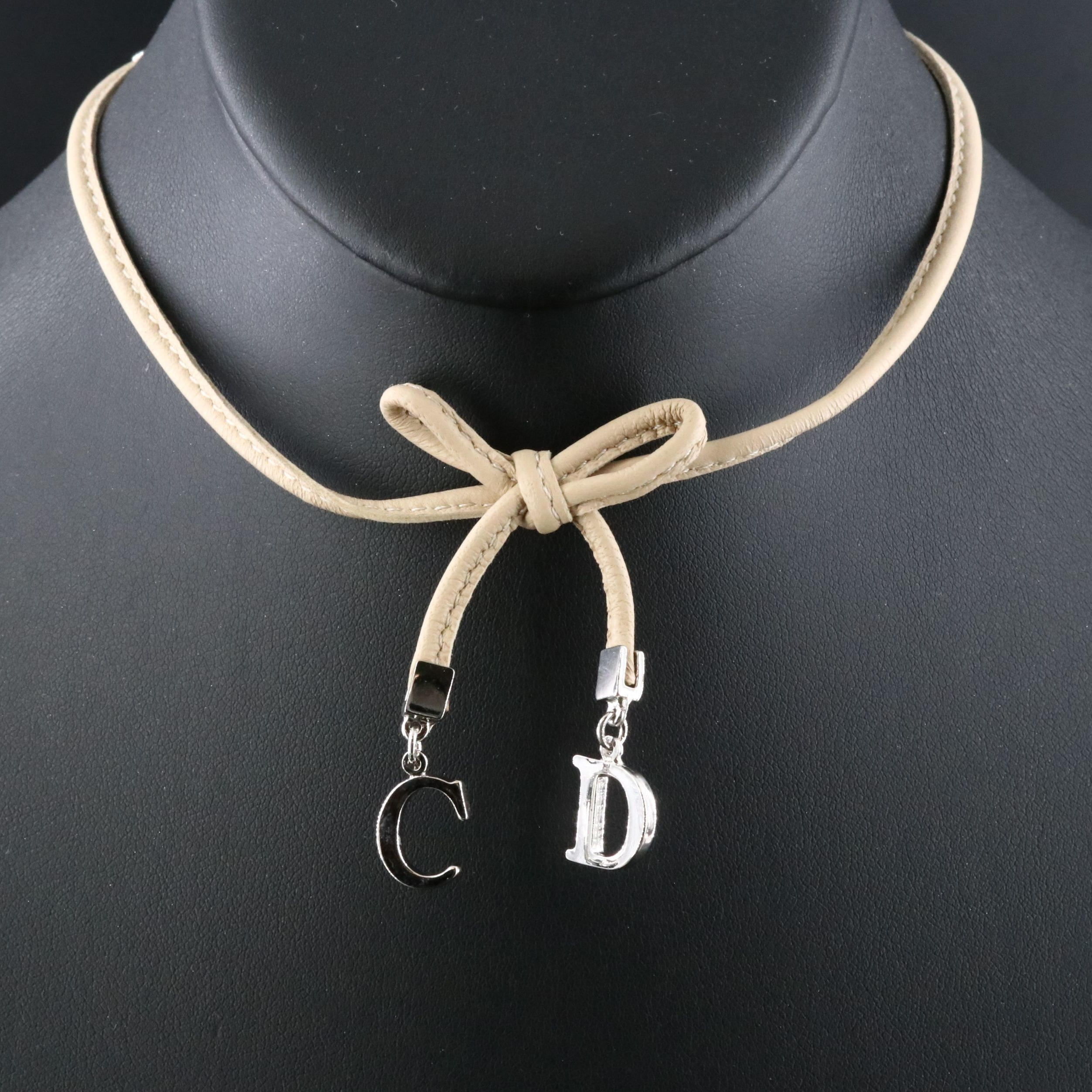 Christian Dior CD Leather Bow Choker Necklace