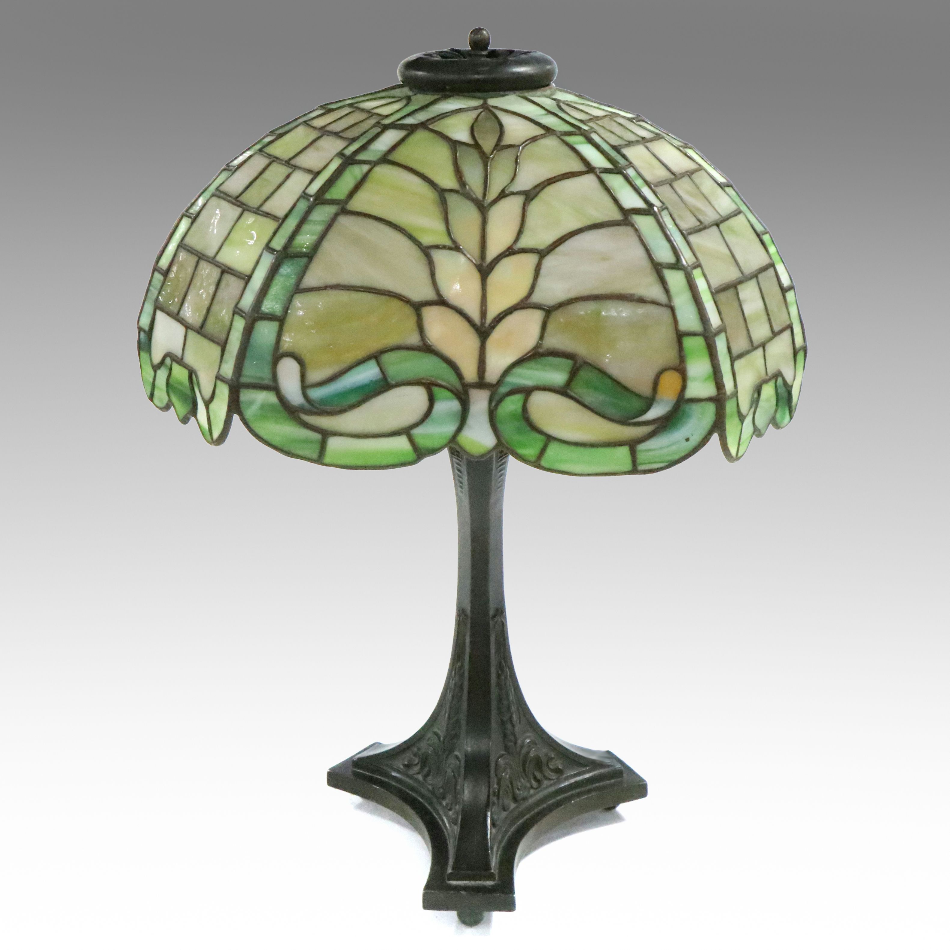 Art Nouveau Style Patinated Metal Base with Green Slag Glass Shade