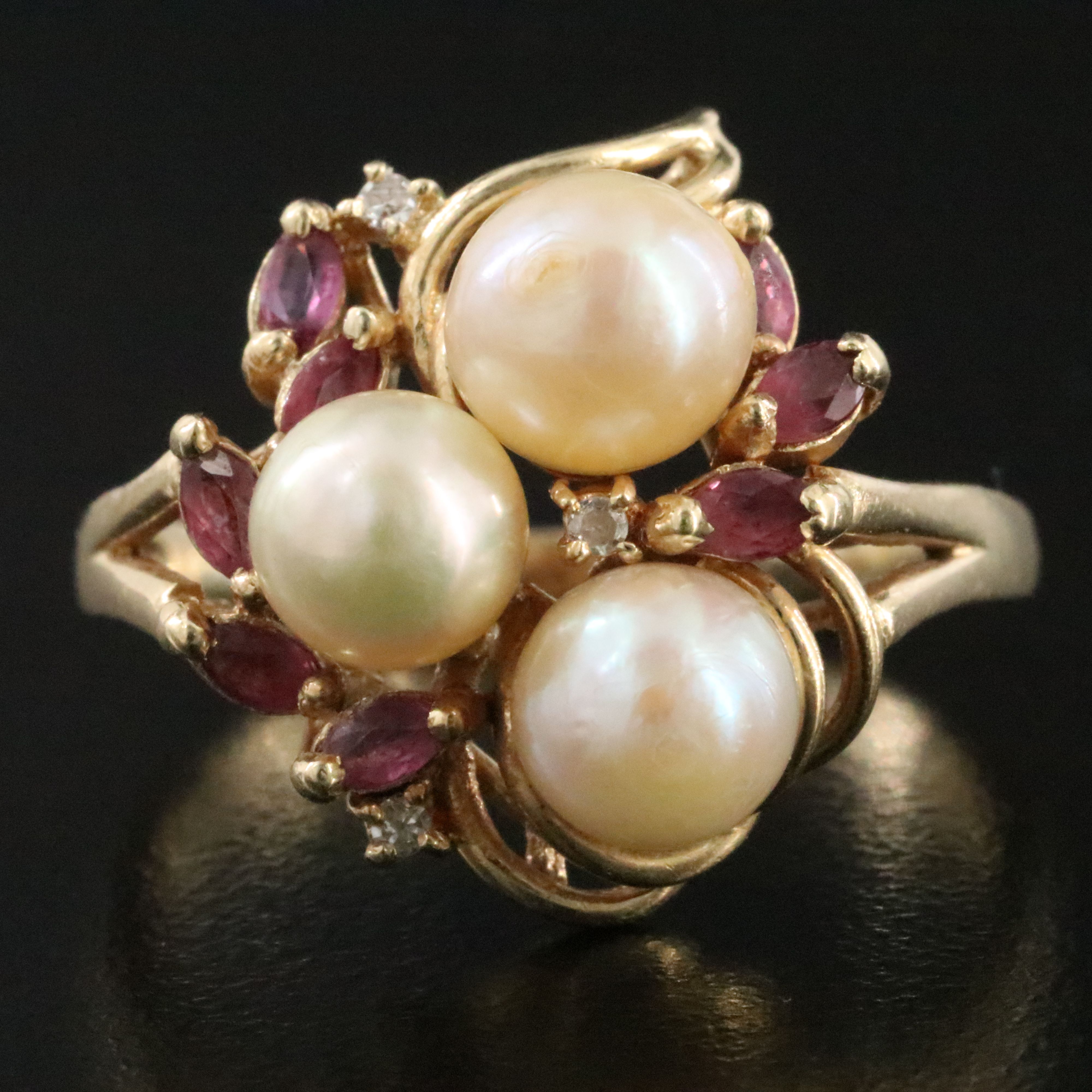 14K Pearl, Ruby, and Diamond Ring