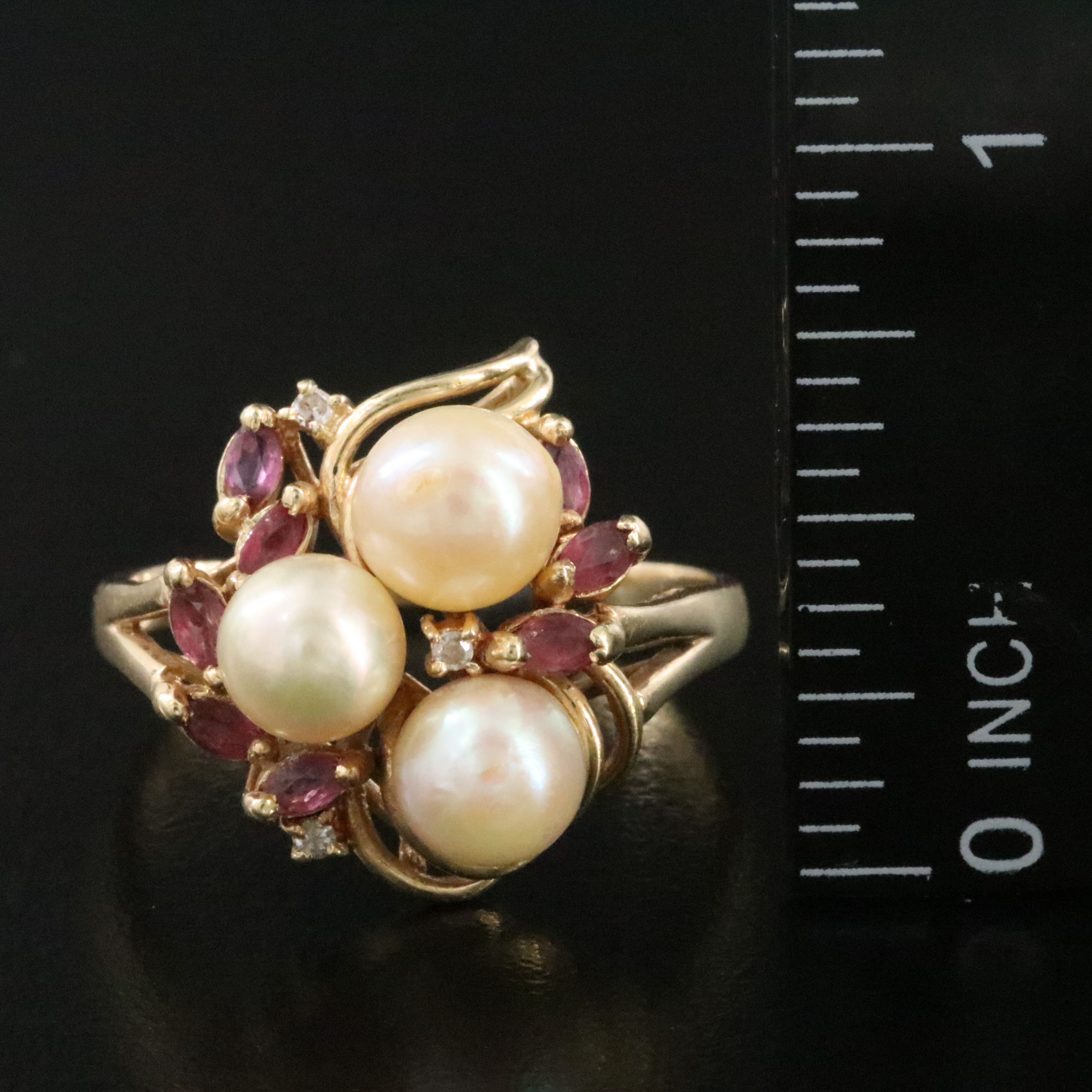 14K Pearl, Ruby, and Diamond Ring