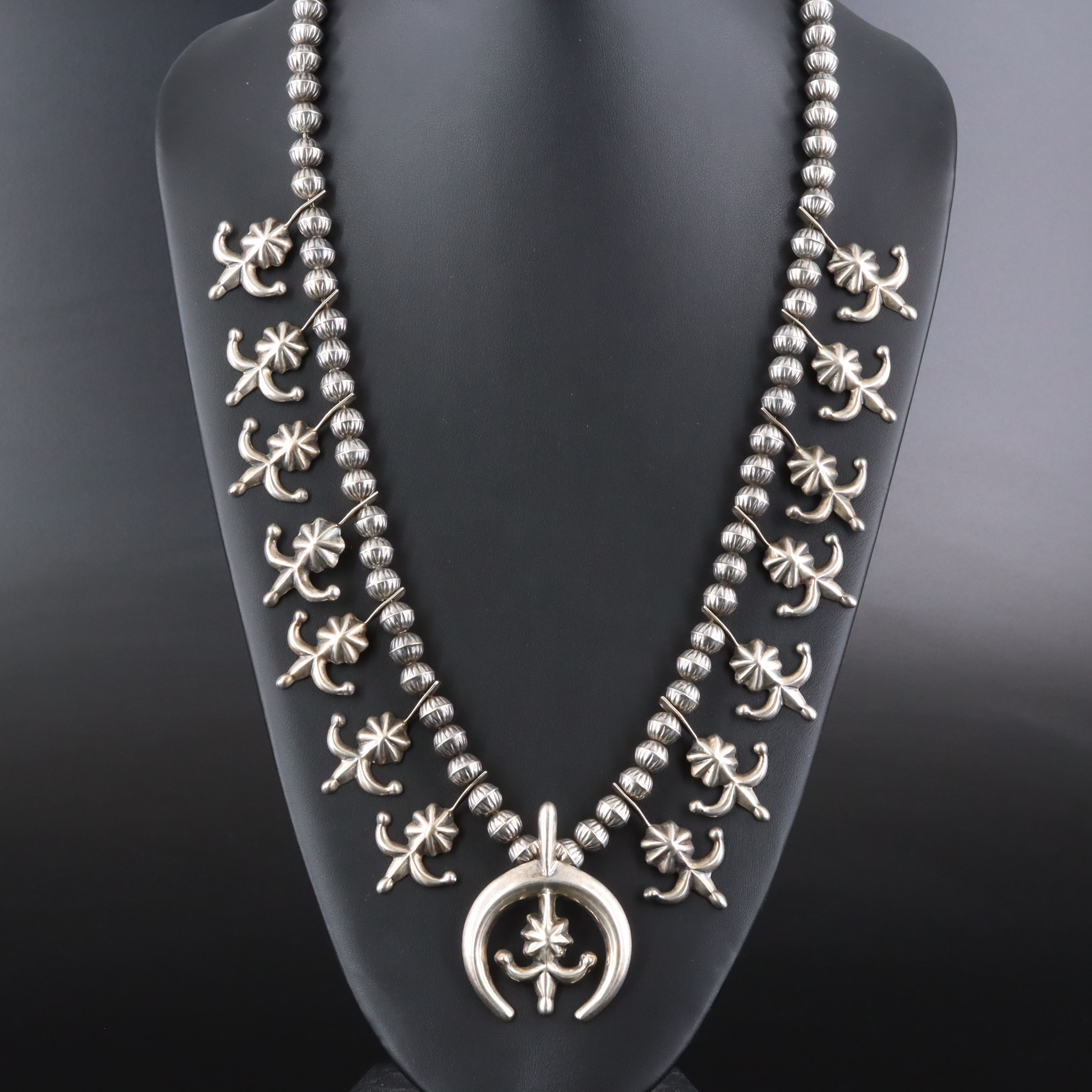 Southwestern Sterling Sand Cast Squash Blossom Necklace