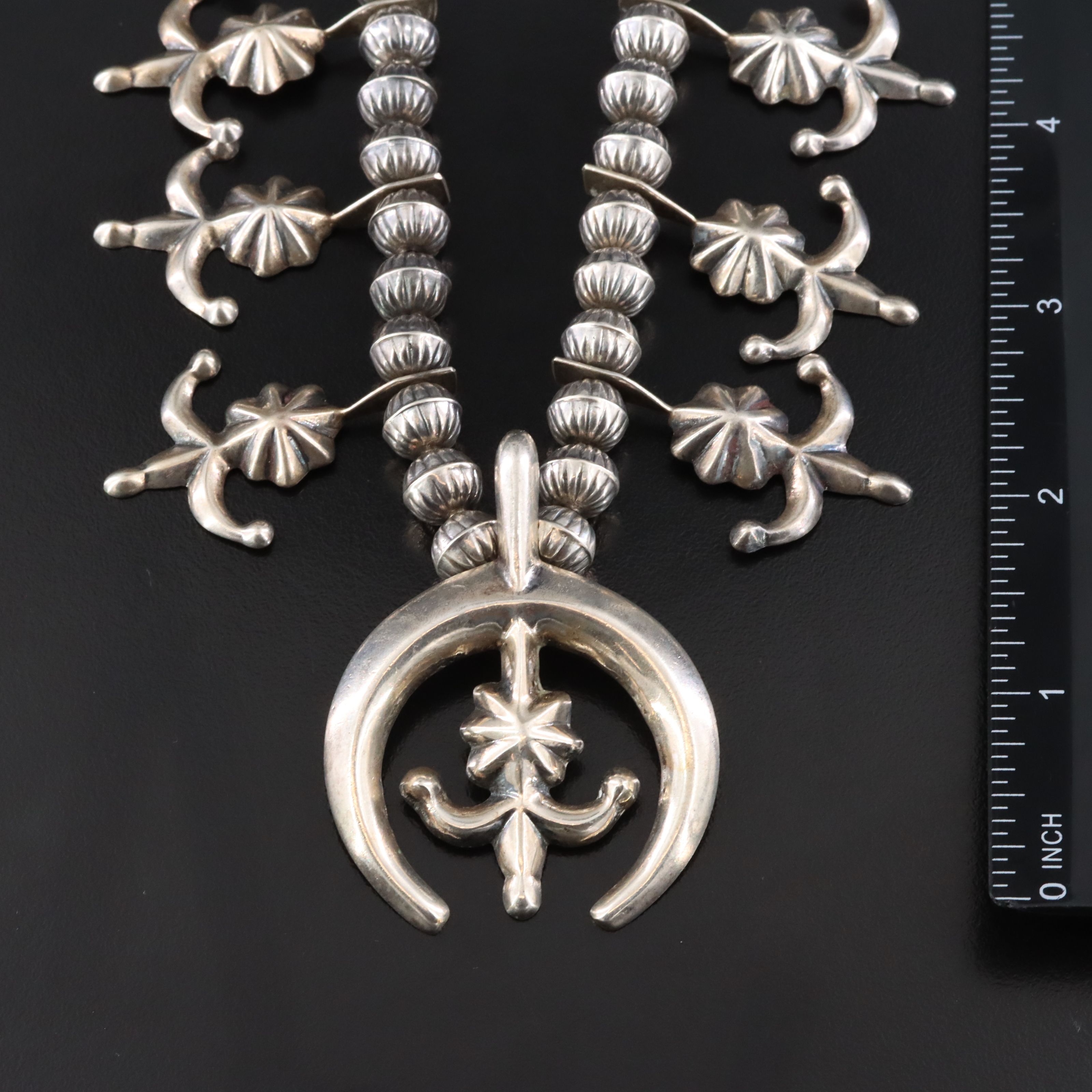 Southwestern Sterling Sand Cast Squash Blossom Necklace