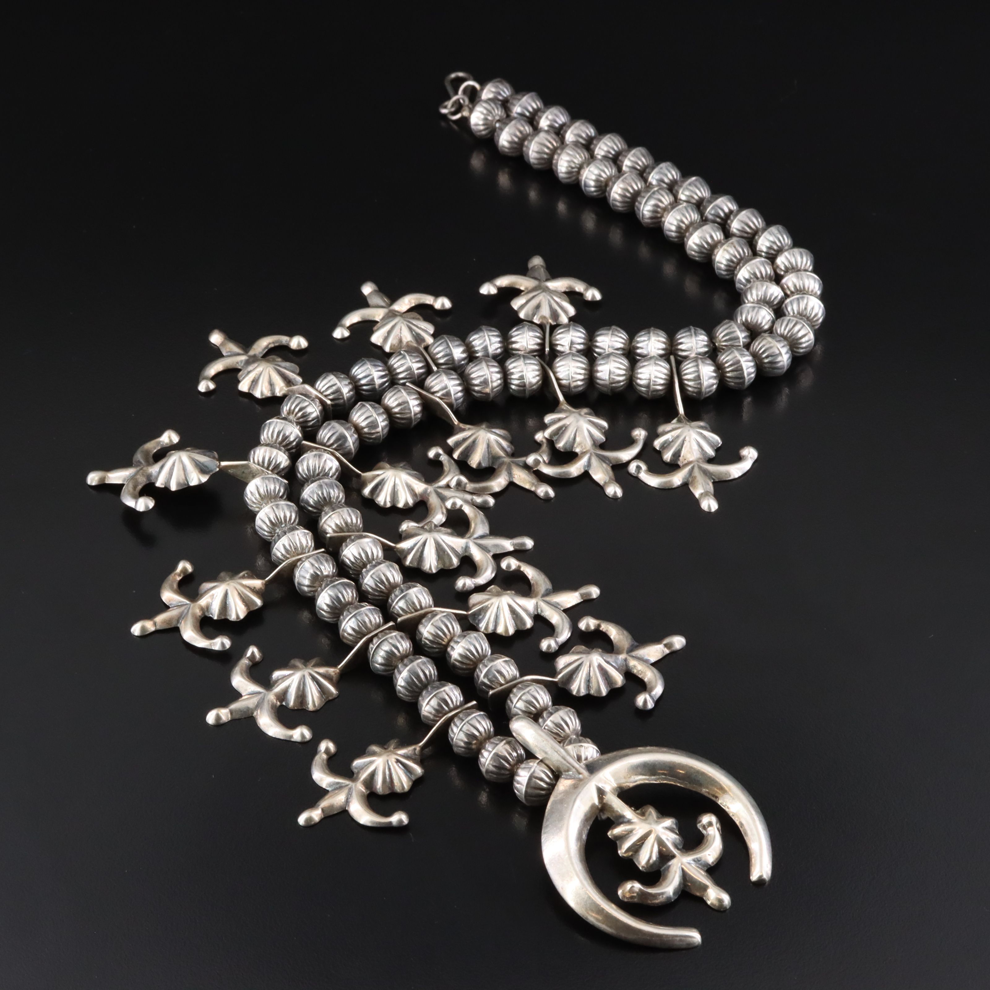 Southwestern Sterling Sand Cast Squash Blossom Necklace