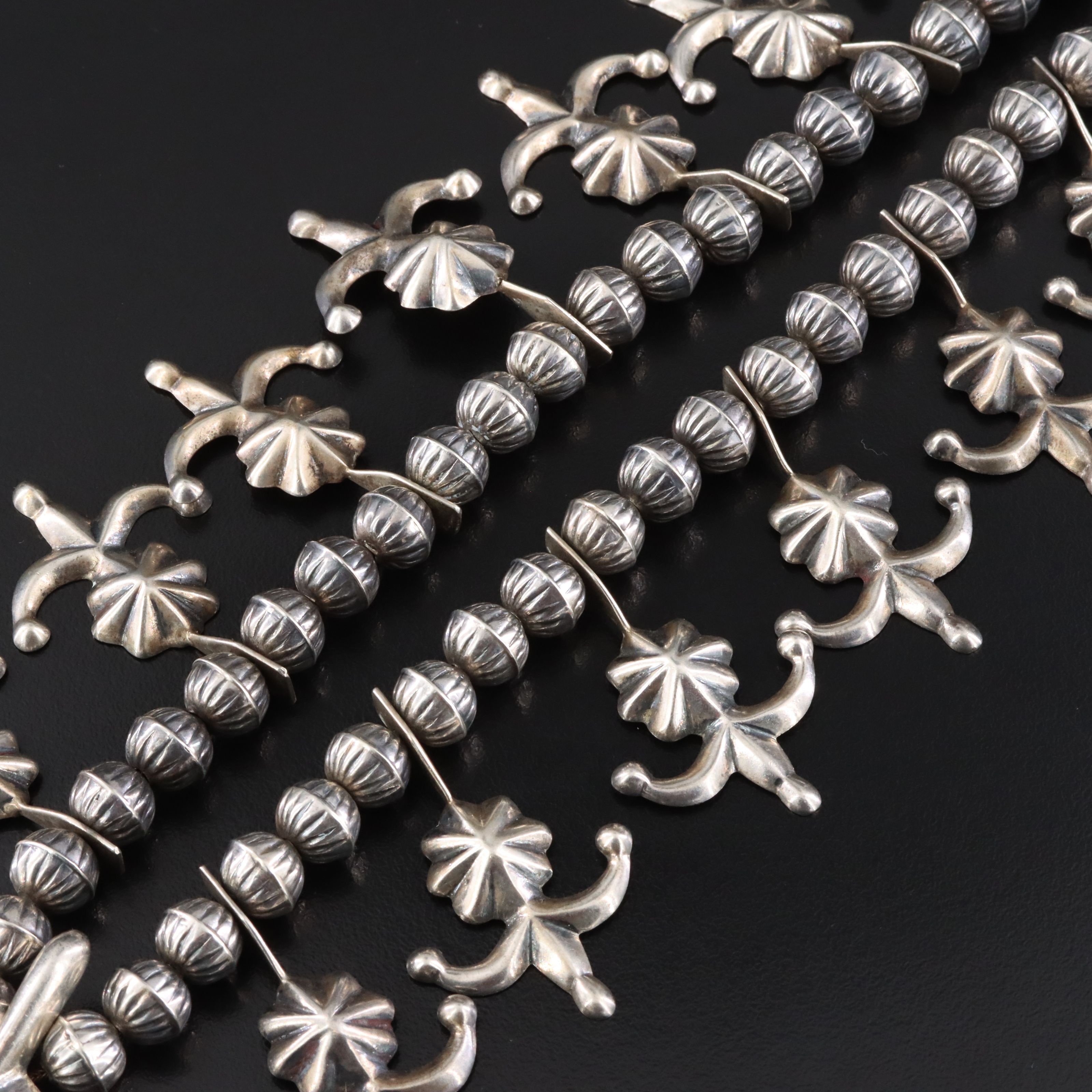 Southwestern Sterling Sand Cast Squash Blossom Necklace