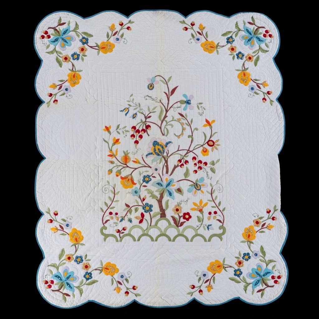 Hand-Stitched Scalloped Edge Floral Appliqué Quilt