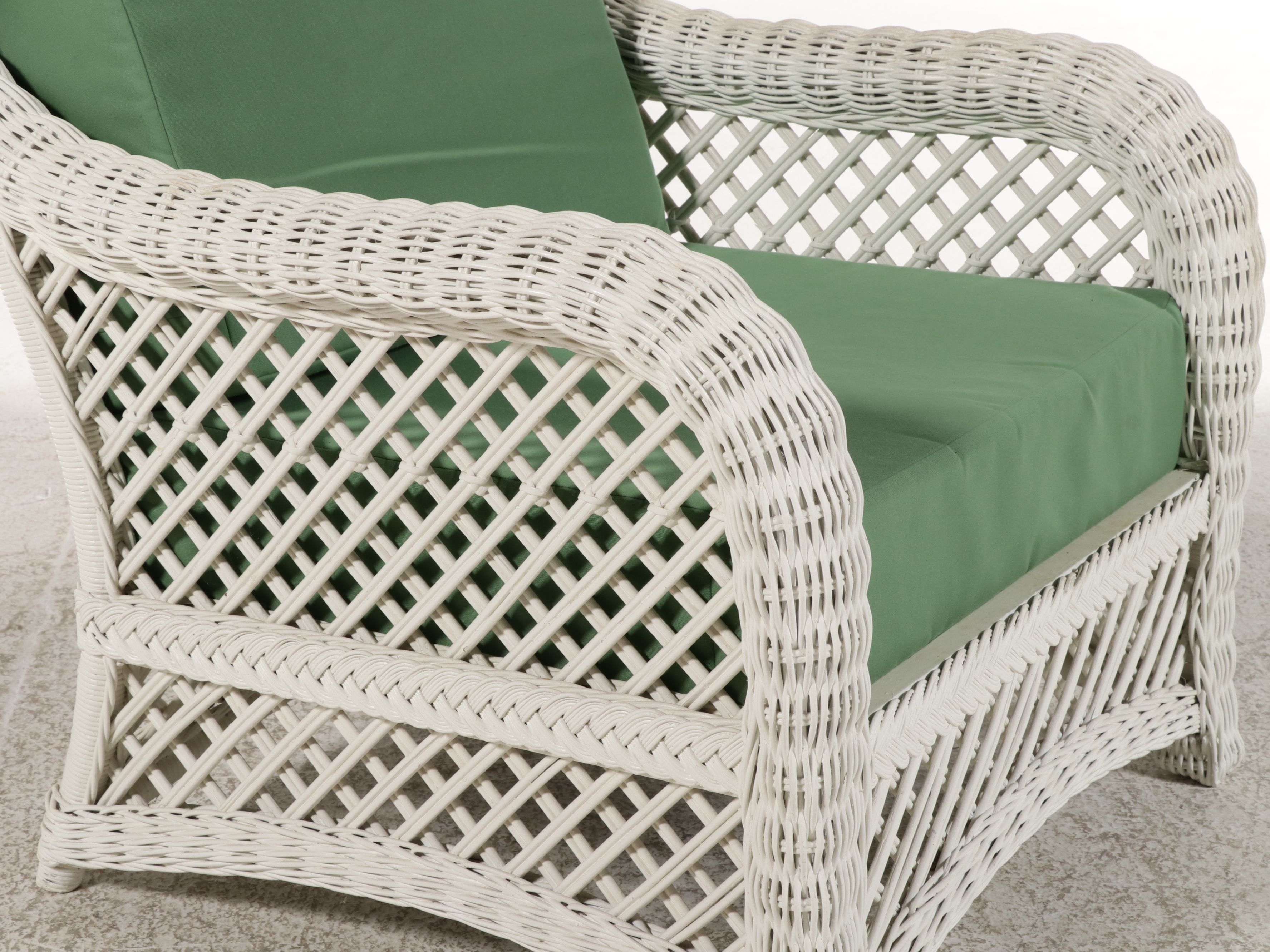 Victorian Style White Resin Wicker Armchair and Ottoman