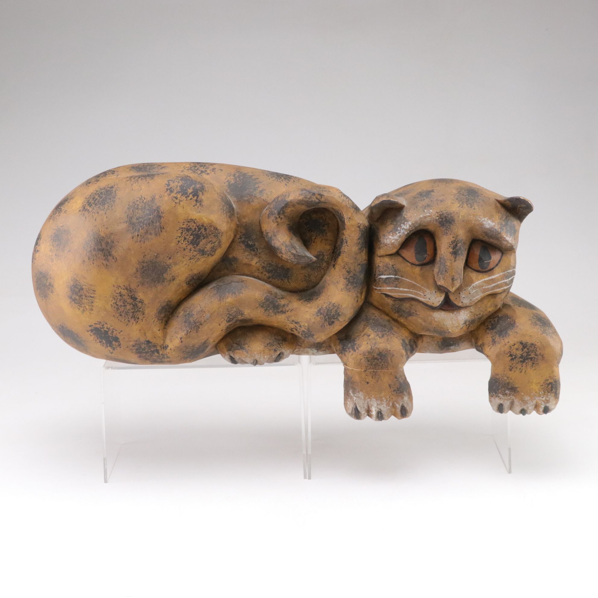 Hand-Carved Wooden Spotted Cat Decorative Figure, 1987