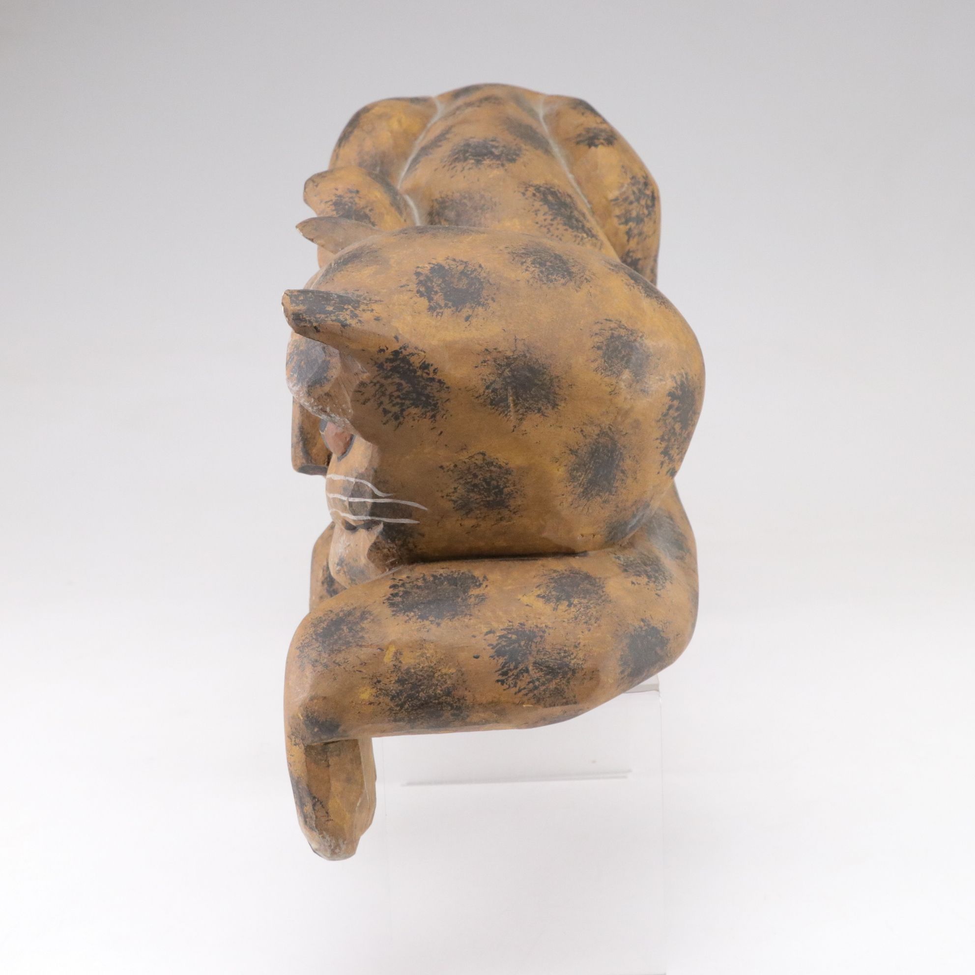 Hand-Carved Wooden Spotted Cat Decorative Figure, 1987