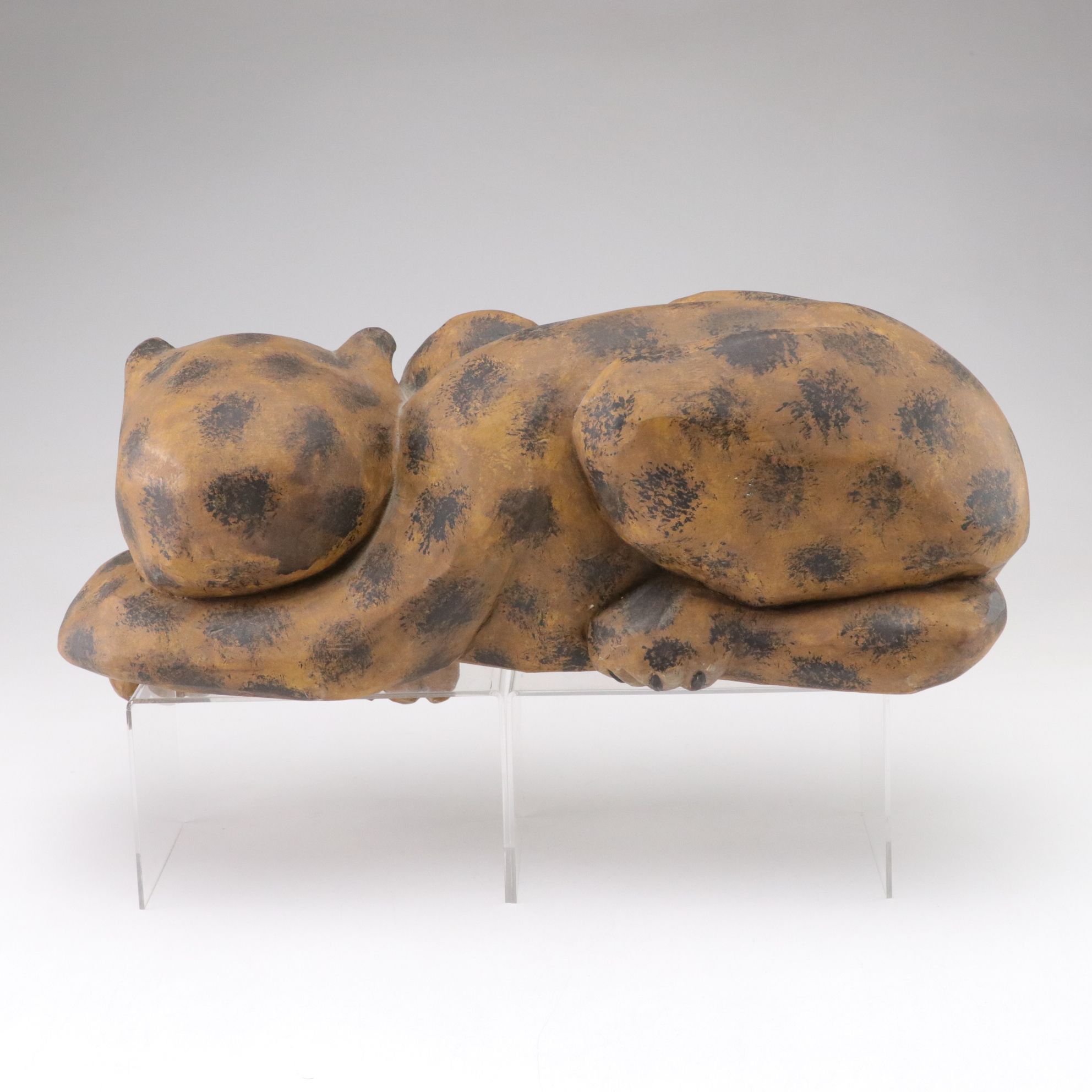 Hand-Carved Wooden Spotted Cat Decorative Figure, 1987