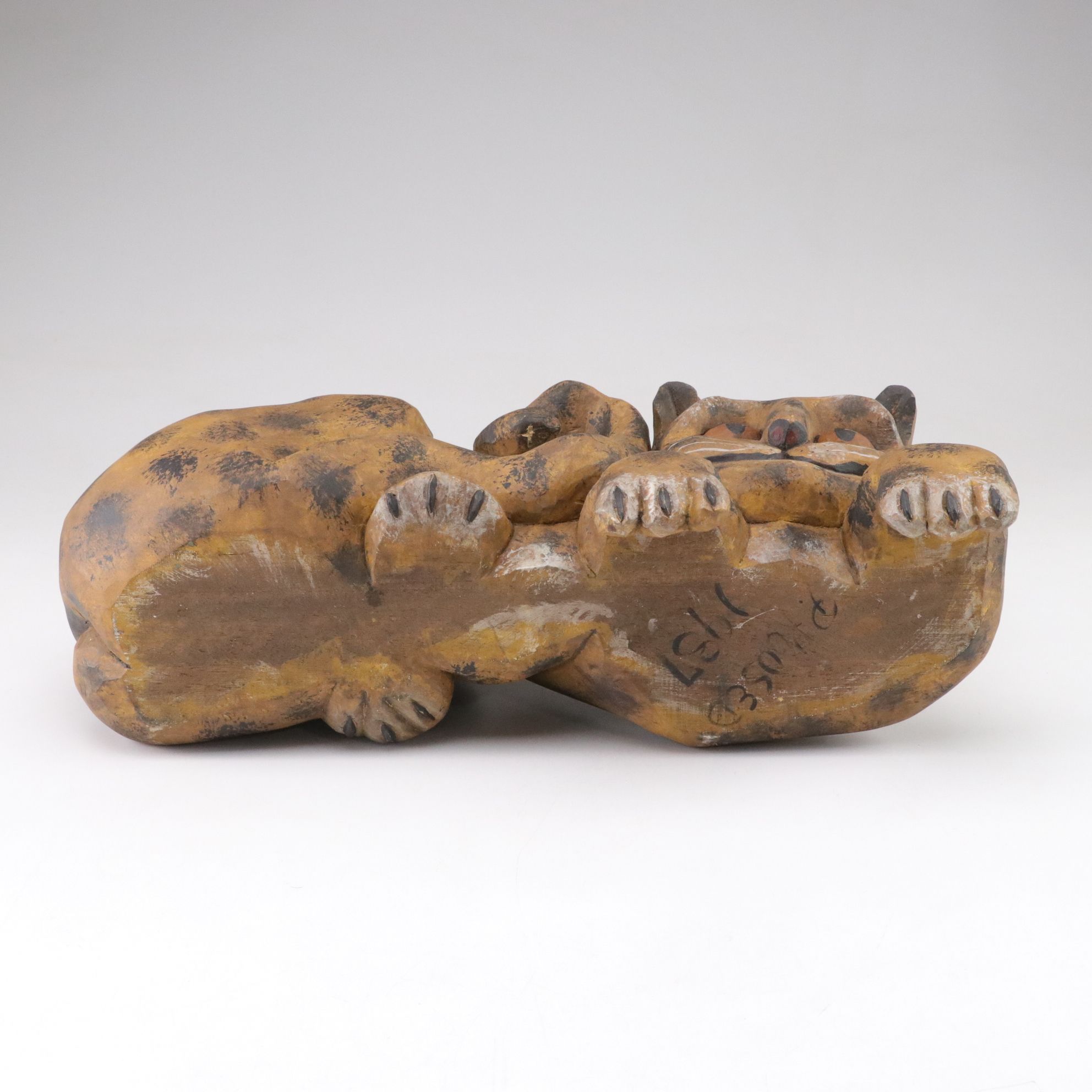 Hand-Carved Wooden Spotted Cat Decorative Figure, 1987