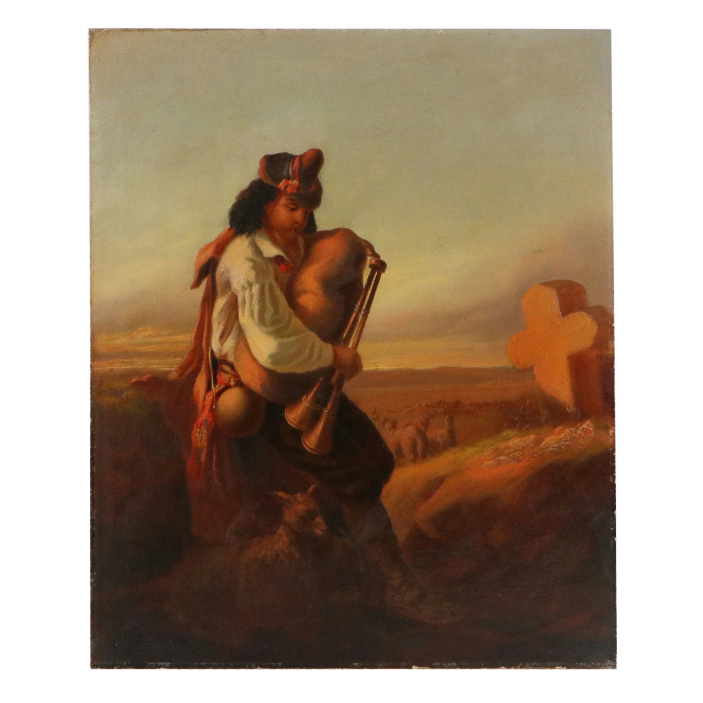 Oil Painting of Scotsman Playing Bagpipes, Circa 1900