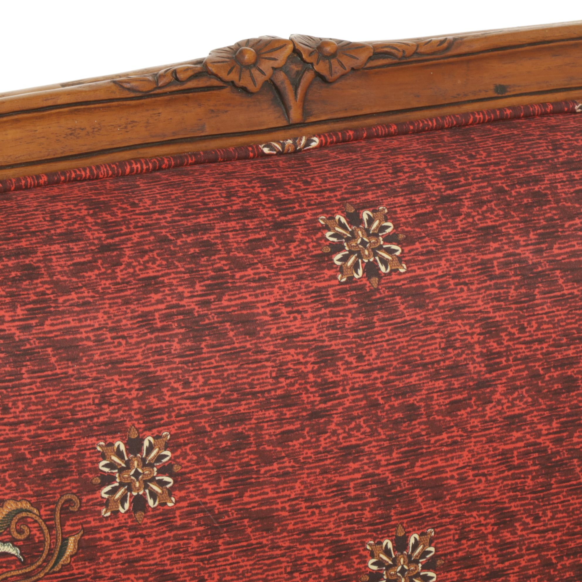 French Louis XV Style Carved Oak Wood Settee with Floral Red Upholstery