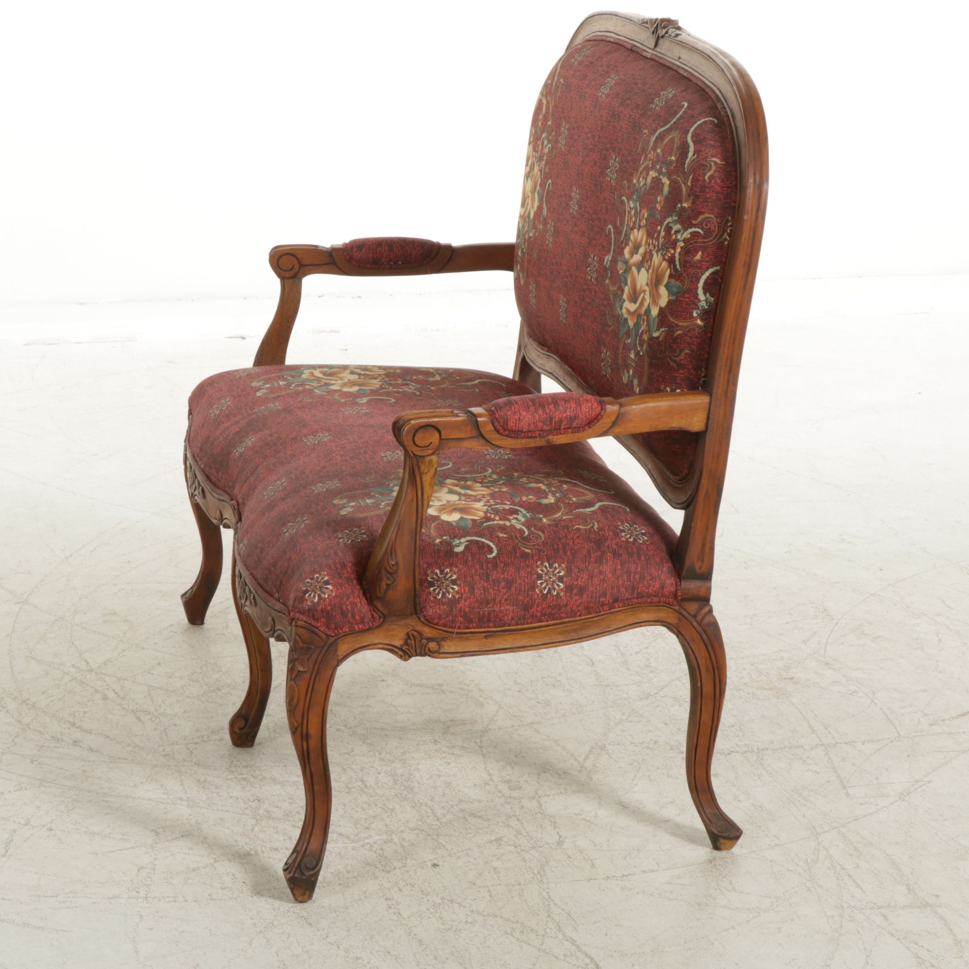 French Louis XV Style Carved Oak Wood Settee with Floral Red Upholstery