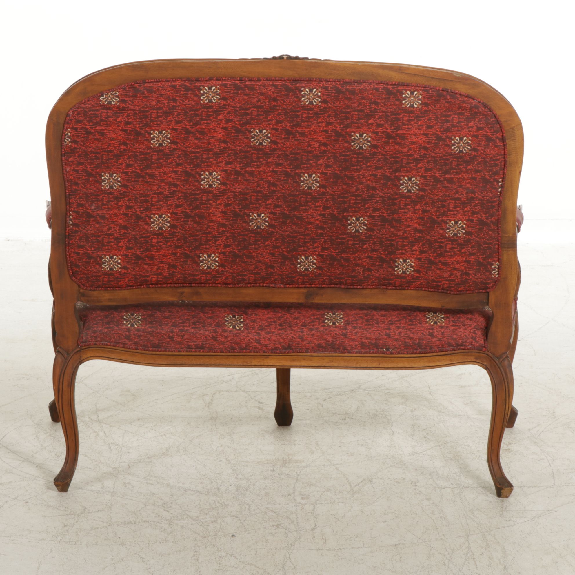 French Louis XV Style Carved Oak Wood Settee with Floral Red Upholstery
