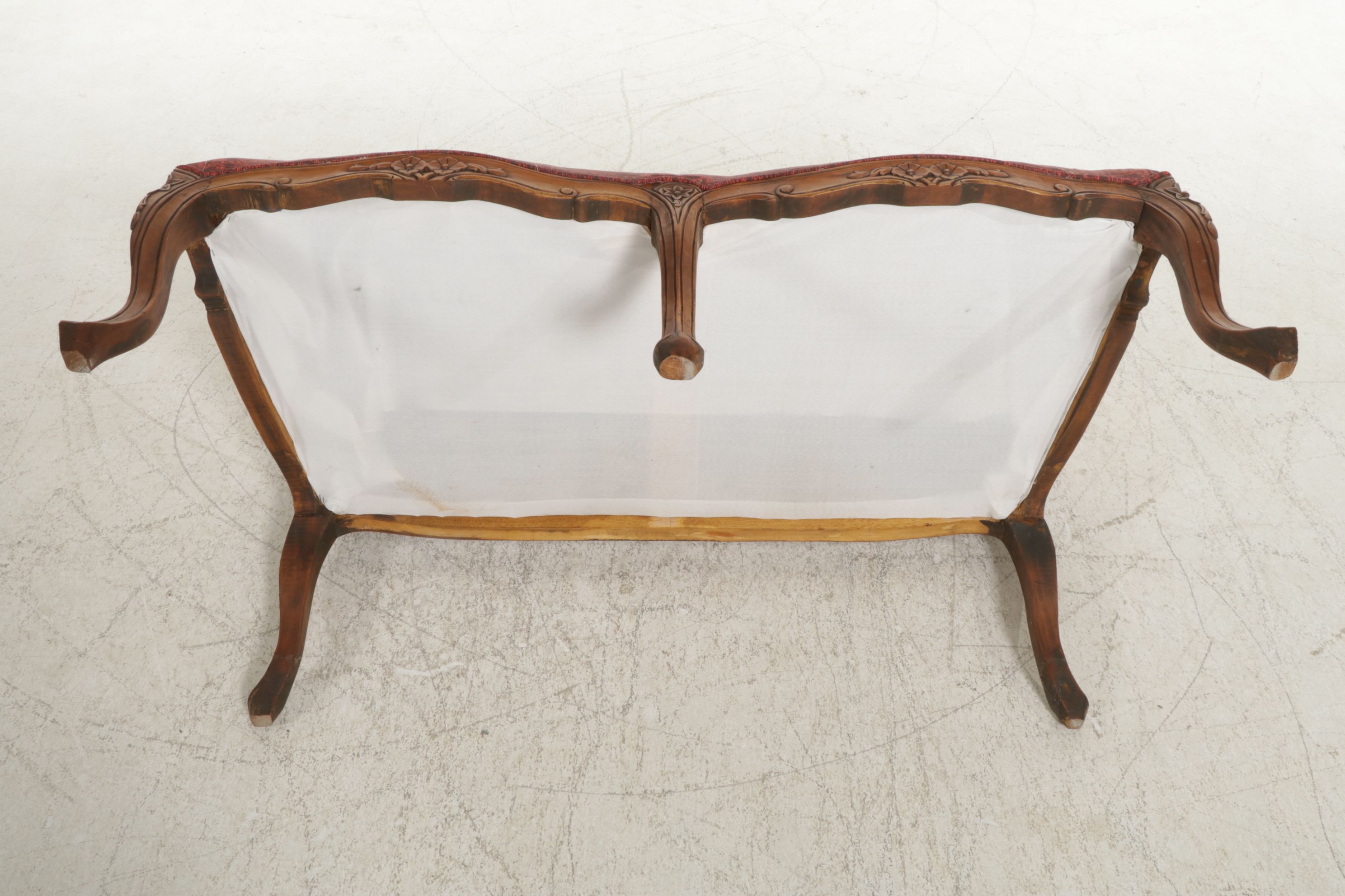 French Louis XV Style Carved Oak Wood Settee with Floral Red Upholstery