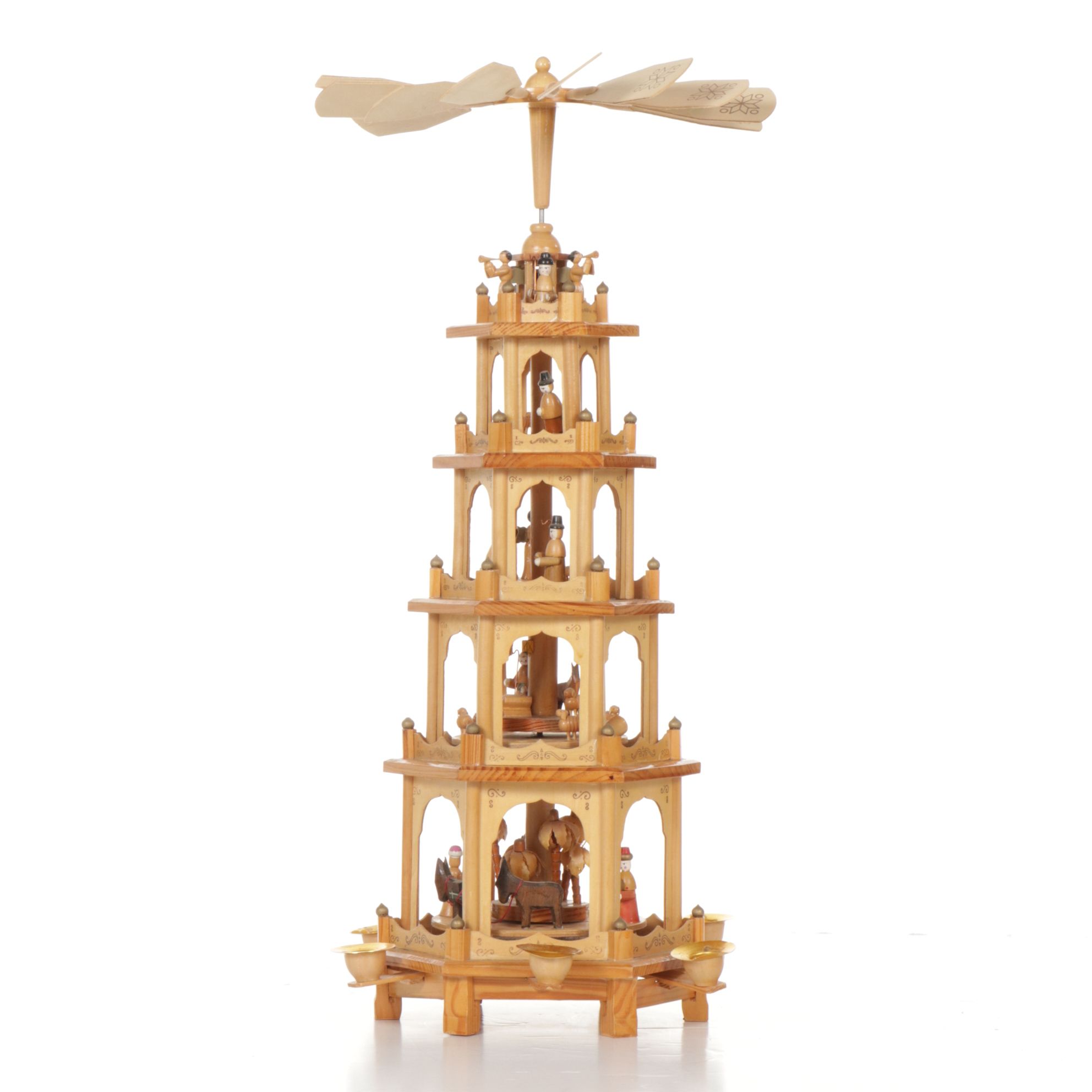 Hand-Carved Wooden German Style Christmas Pyramid with Nativity Scene