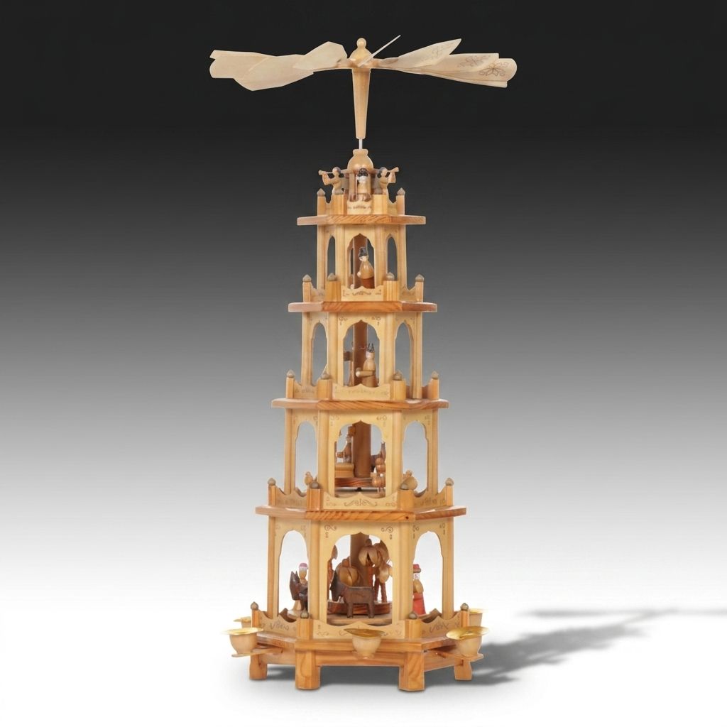 Hand-Carved Wooden German Style Christmas Pyramid with Nativity Scene