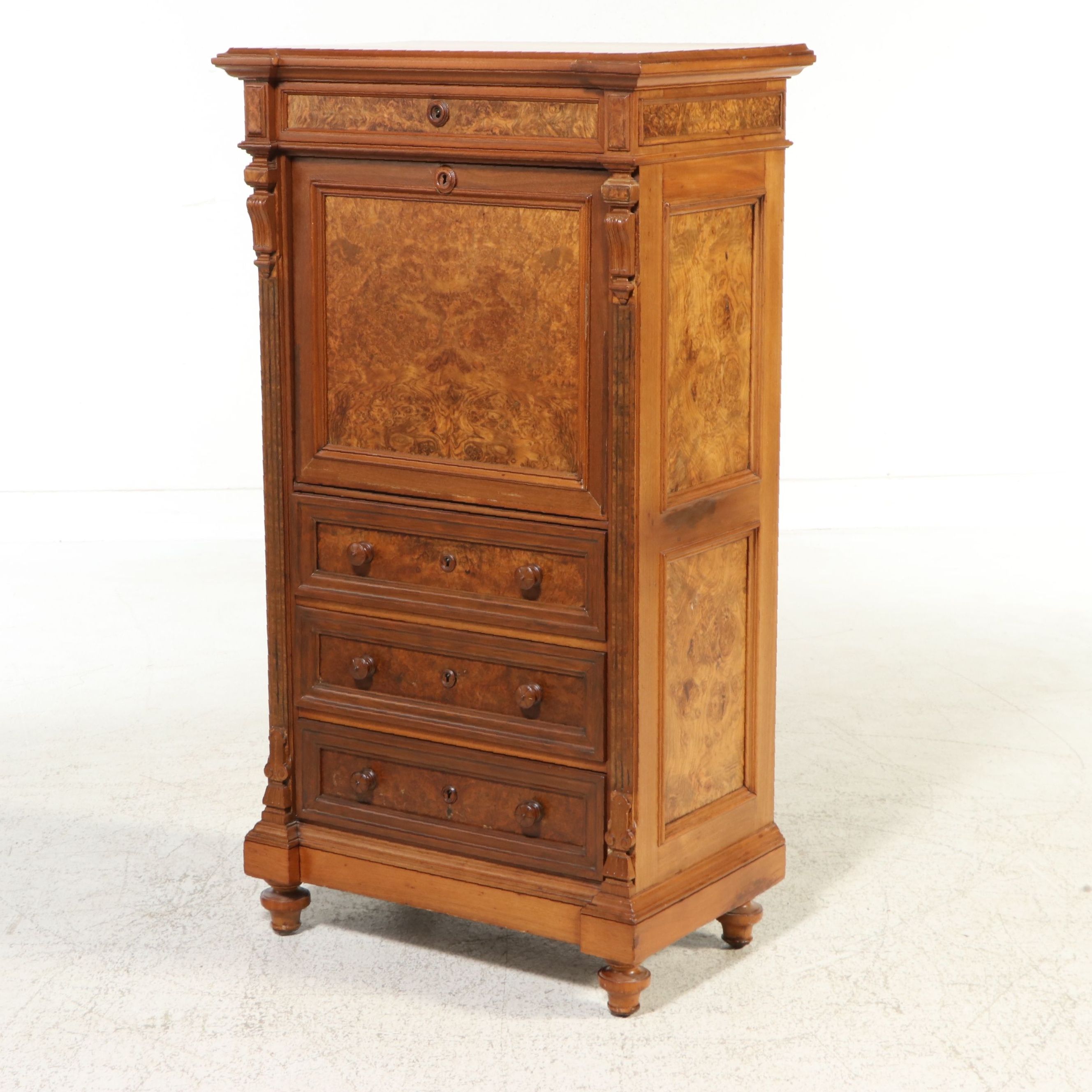 Victorian Renaissance Revival Burl Walnut Secrétaire à Abattant, Mid–Late 19th C