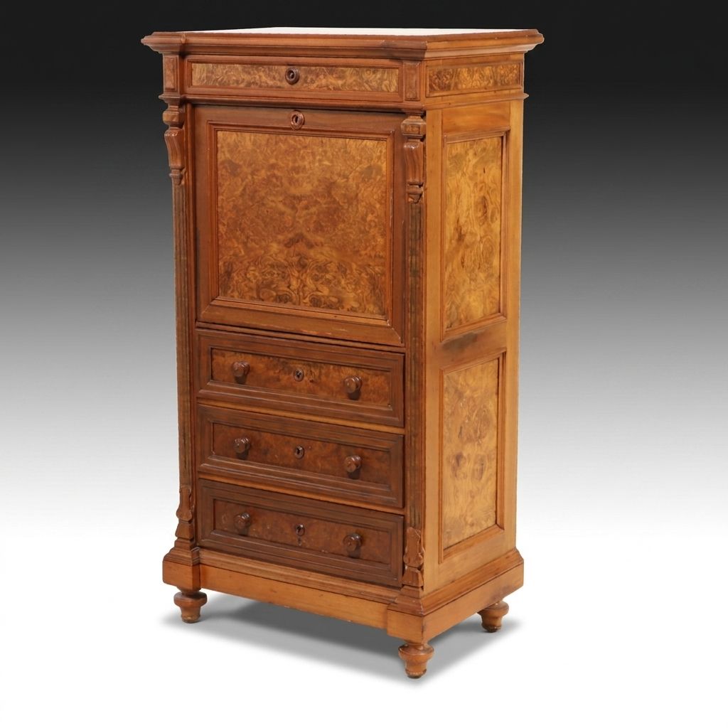 Victorian Renaissance Revival Burl Walnut Secrétaire à Abattant, Mid–Late 19th C