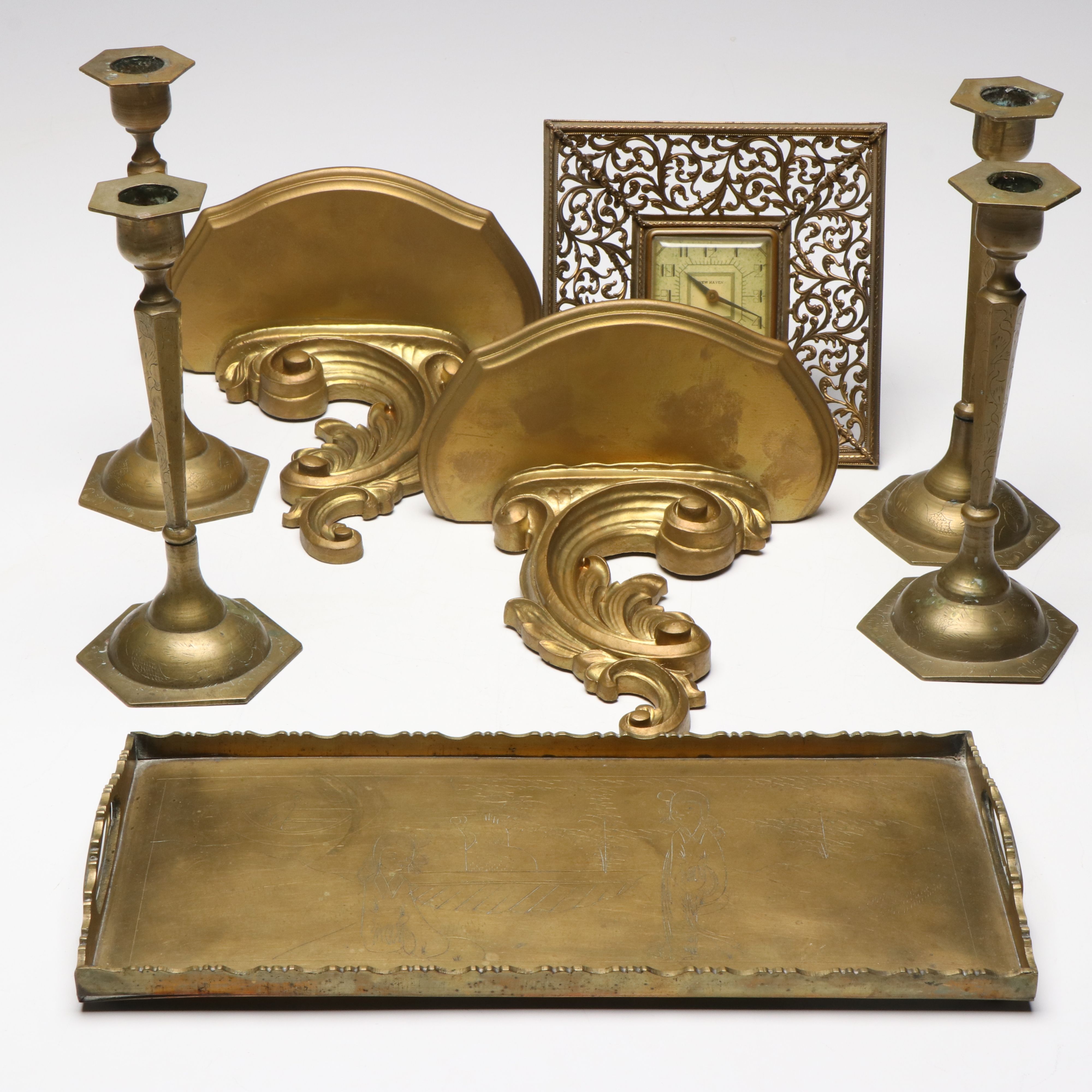 Etched Brass Tray and Candlesticks with New Haven Desk Clock and More