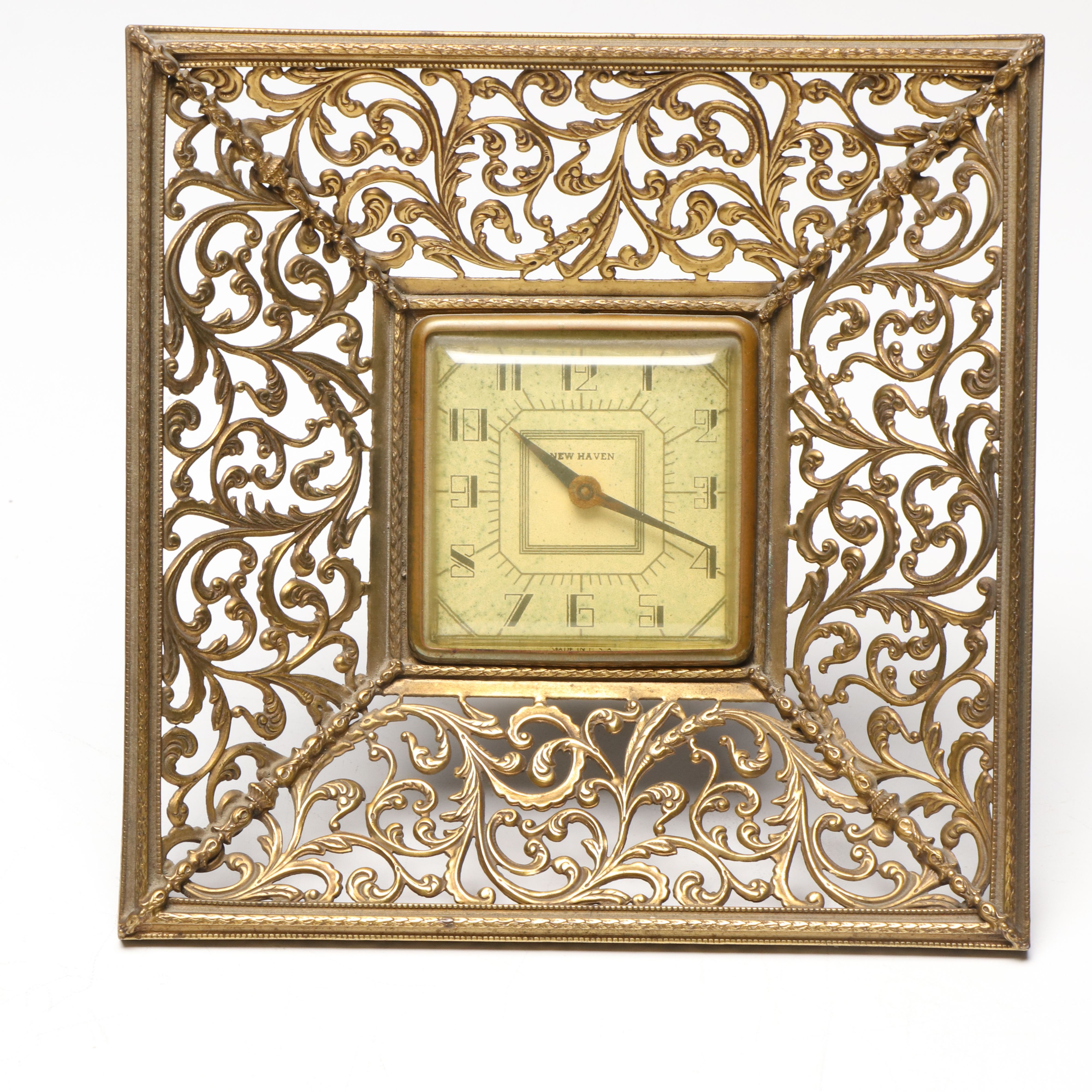 Etched Brass Tray and Candlesticks with New Haven Desk Clock and More