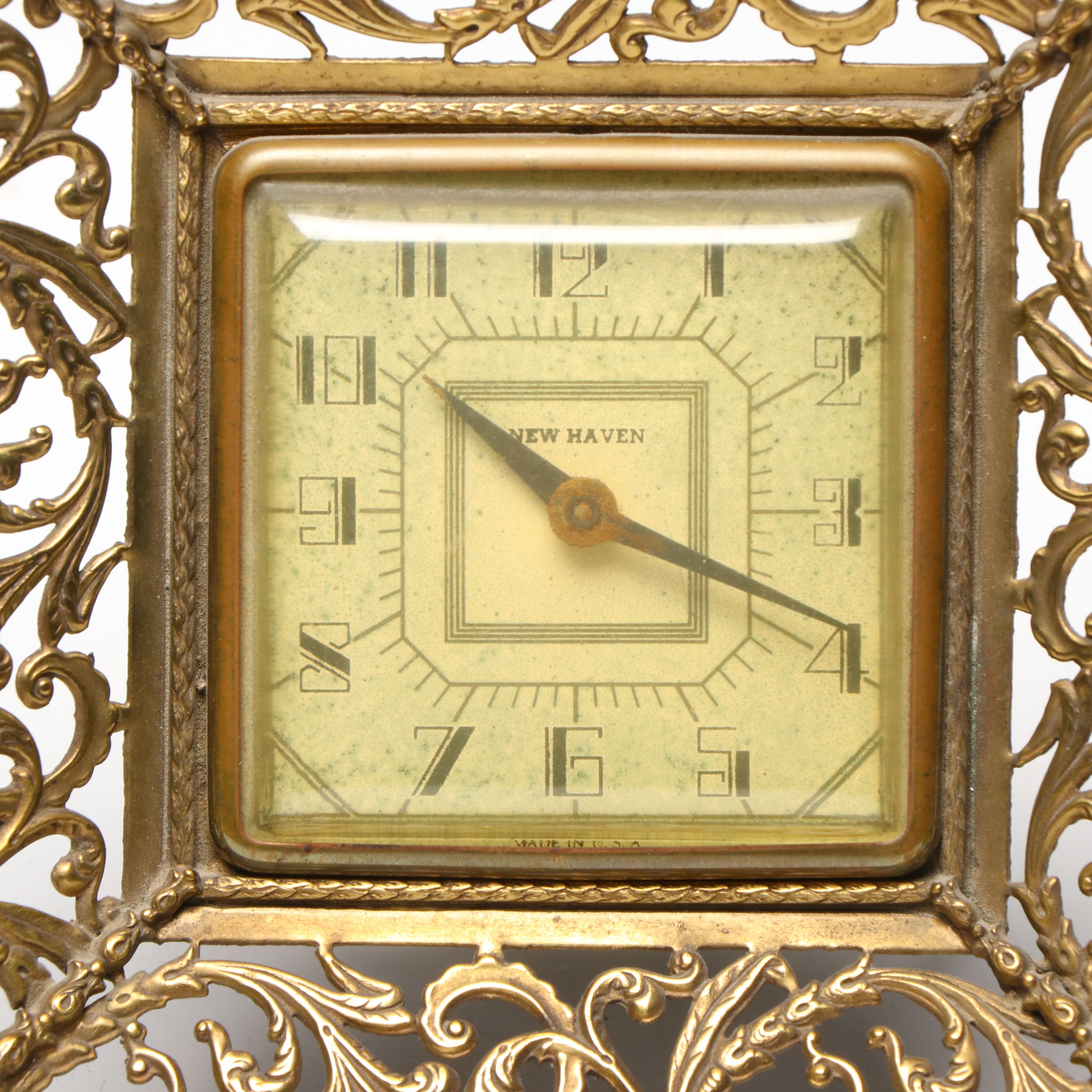 Etched Brass Tray and Candlesticks with New Haven Desk Clock and More
