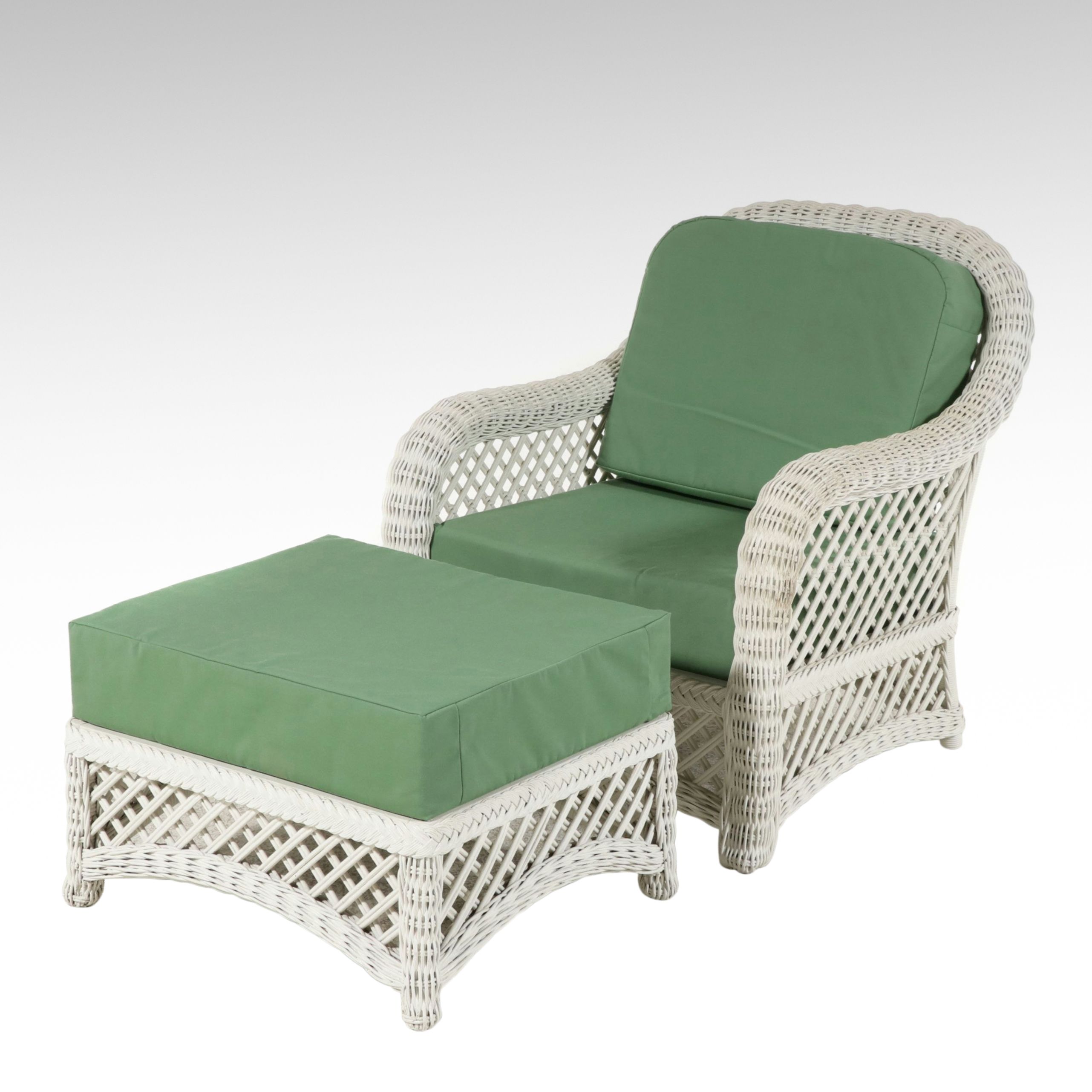 Victorian Style White Resin Wicker Armchair and Ottoman
