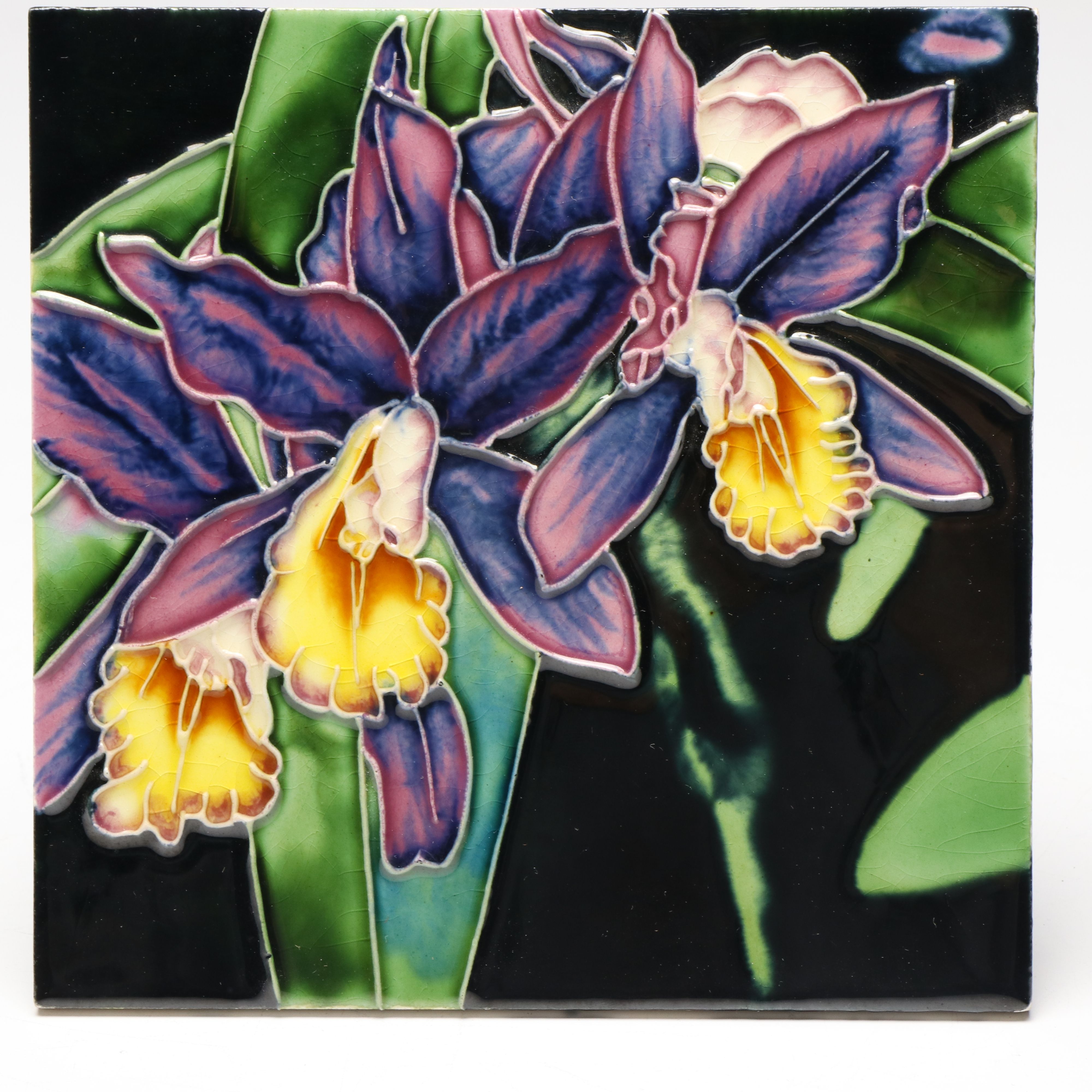 Vibrant Finished Orchid Motif Decorative Ceramic Tile, Early 21st Century