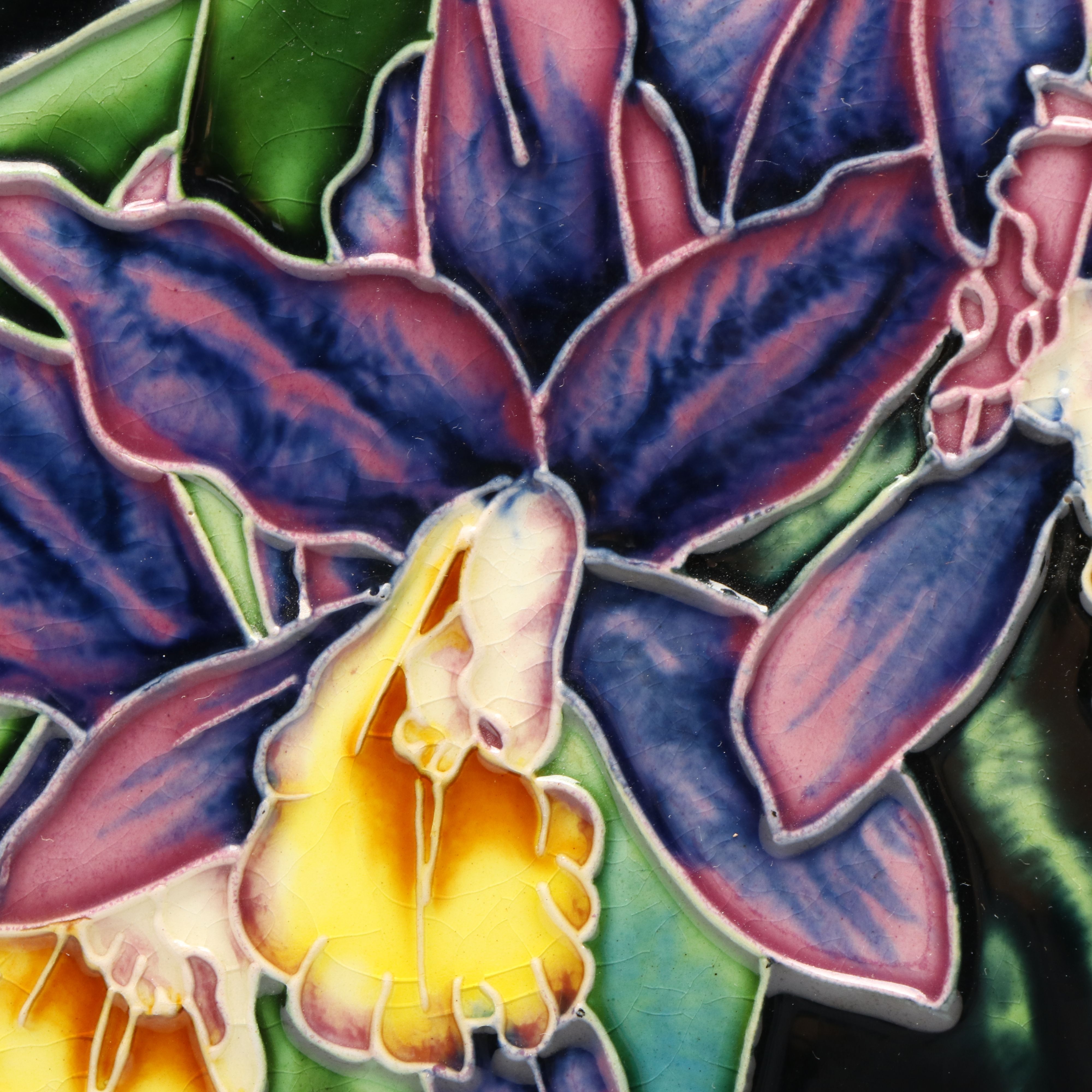 Vibrant Finished Orchid Motif Decorative Ceramic Tile, Early 21st Century