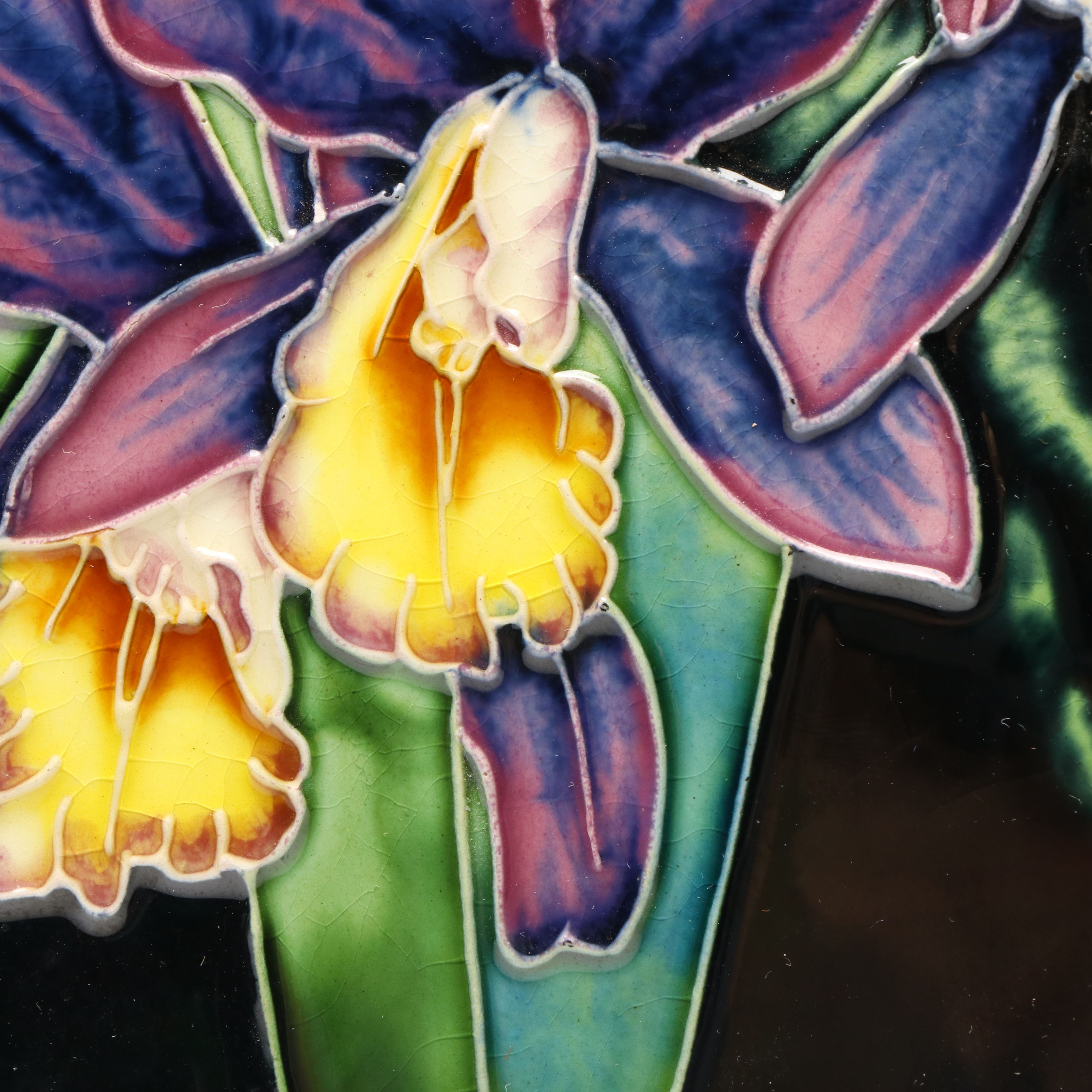 Vibrant Finished Orchid Motif Decorative Ceramic Tile, Early 21st Century